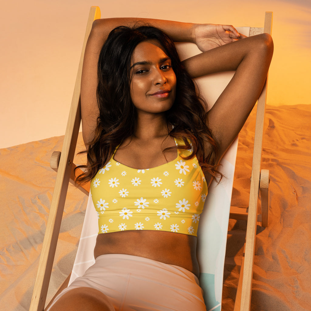 Women’s Yellow Daisy Buttery Soft Recycled Longline Sports Bra – High Intensity Support, Removable Padding, Quick Dry & UPF 50+