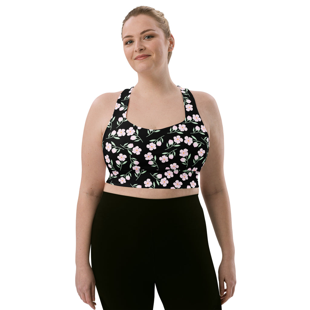 Women’s black floral print longline sports bra with delicate pink pattern thin straps buttery soft recycled fabric