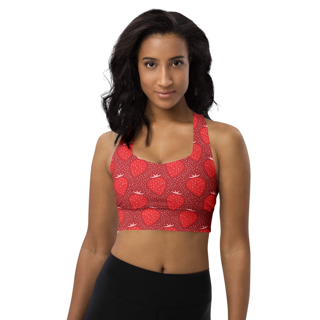 Red strawberry print buttery soft recycled longline halter neck sports bra with white polka dots for high intensity support