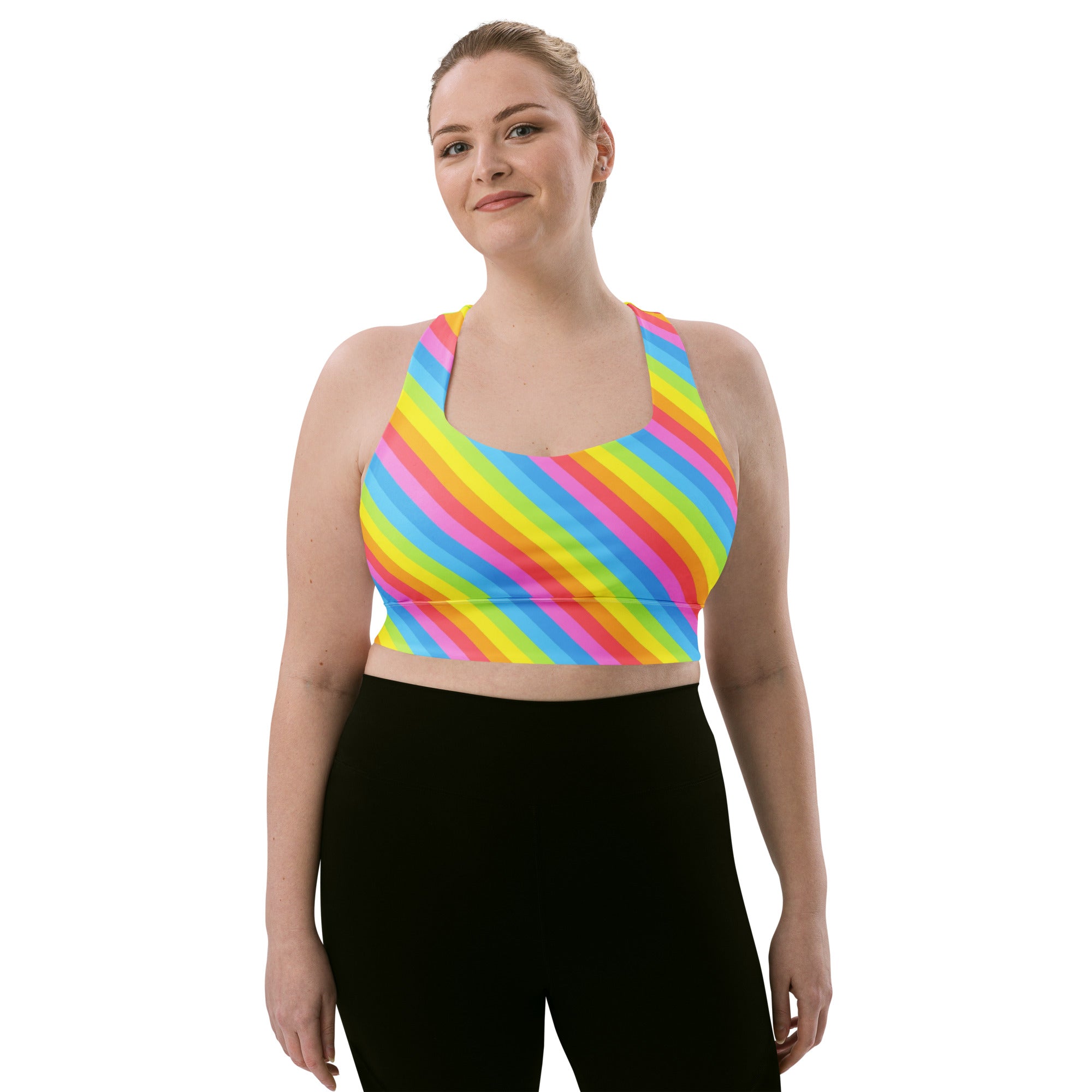 Women’s Rainbow Stripe Buttery Soft Recycled Longline Sports Bra – High Intensity Support, Removable Padding, Quick Dry & UPF 50+