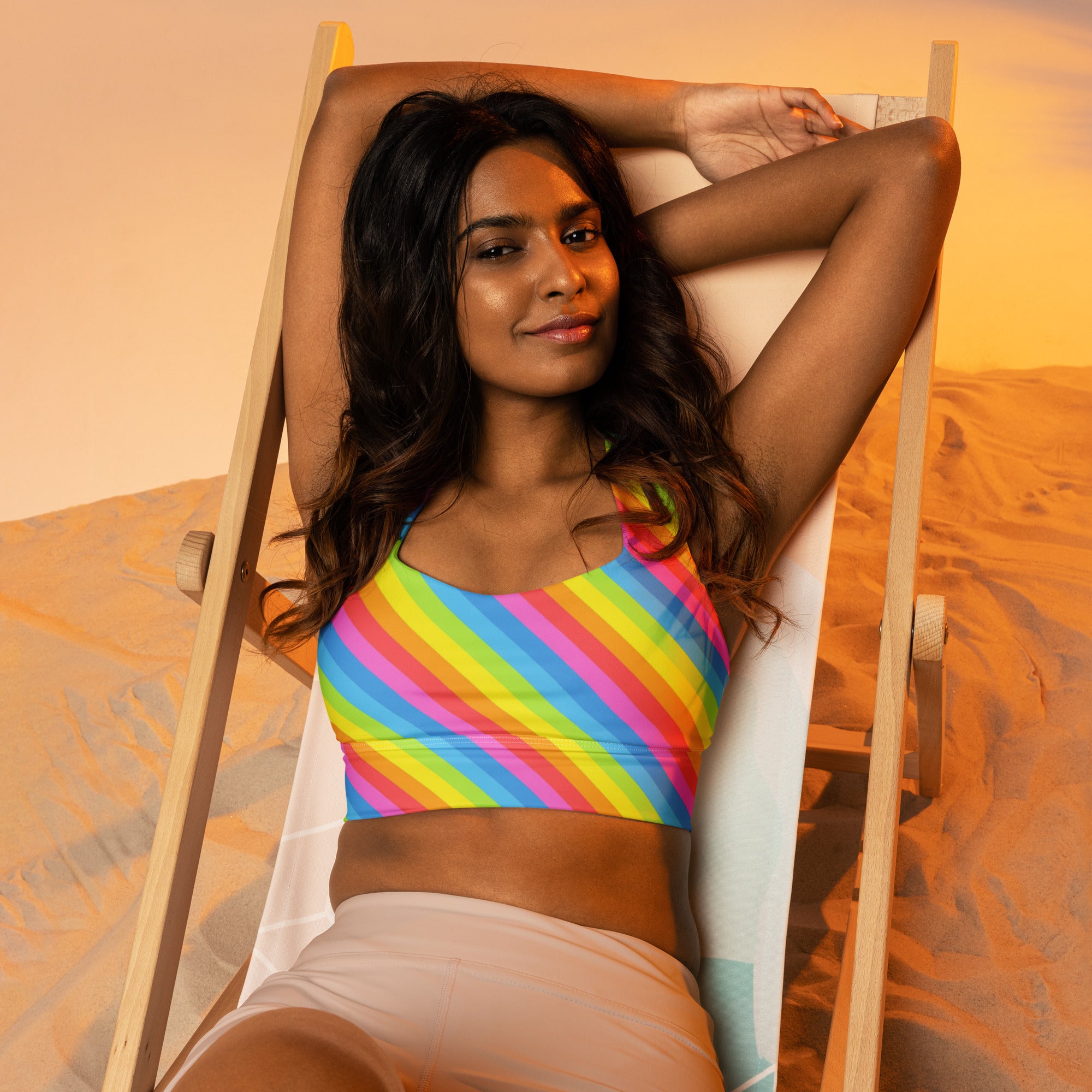 Women’s Rainbow Stripe Buttery Soft Recycled Longline Sports Bra – High Intensity Support, Removable Padding, Quick Dry & UPF 50+