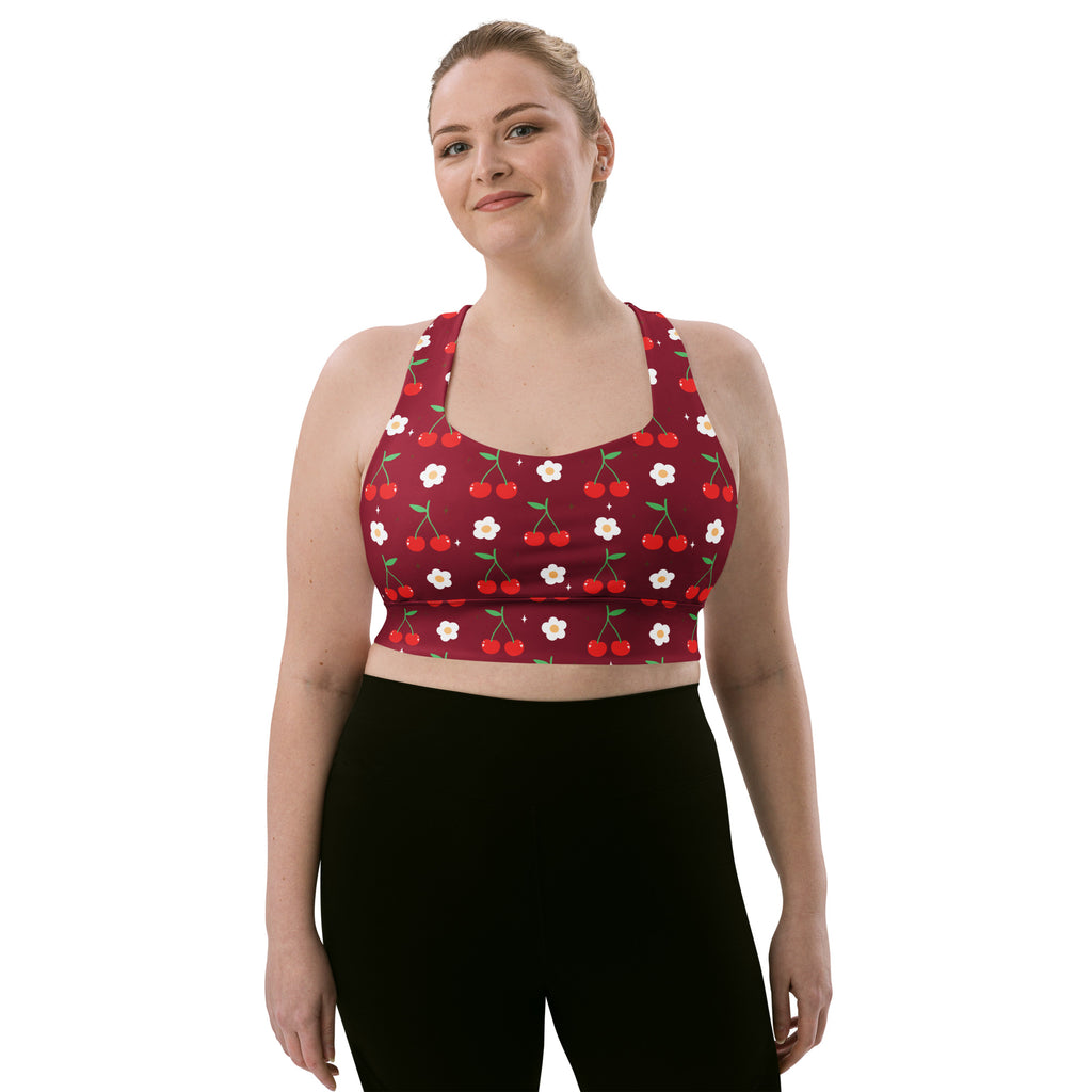 Women’s maroon buttery soft recycled longline sports bra with cherry print for high intensity support and quick dry