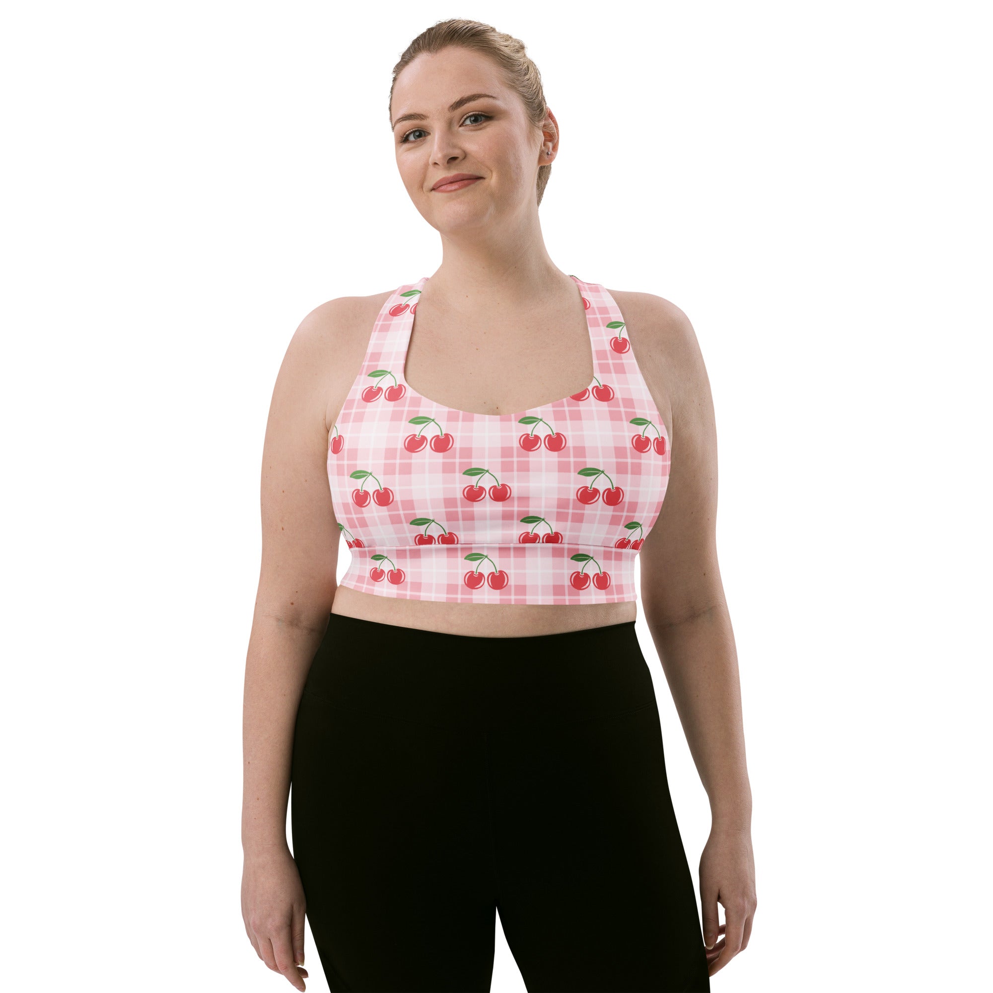 Pink plaid cherry pattern womens longline sports bra with high intensity support quick dry and upf 50+ material