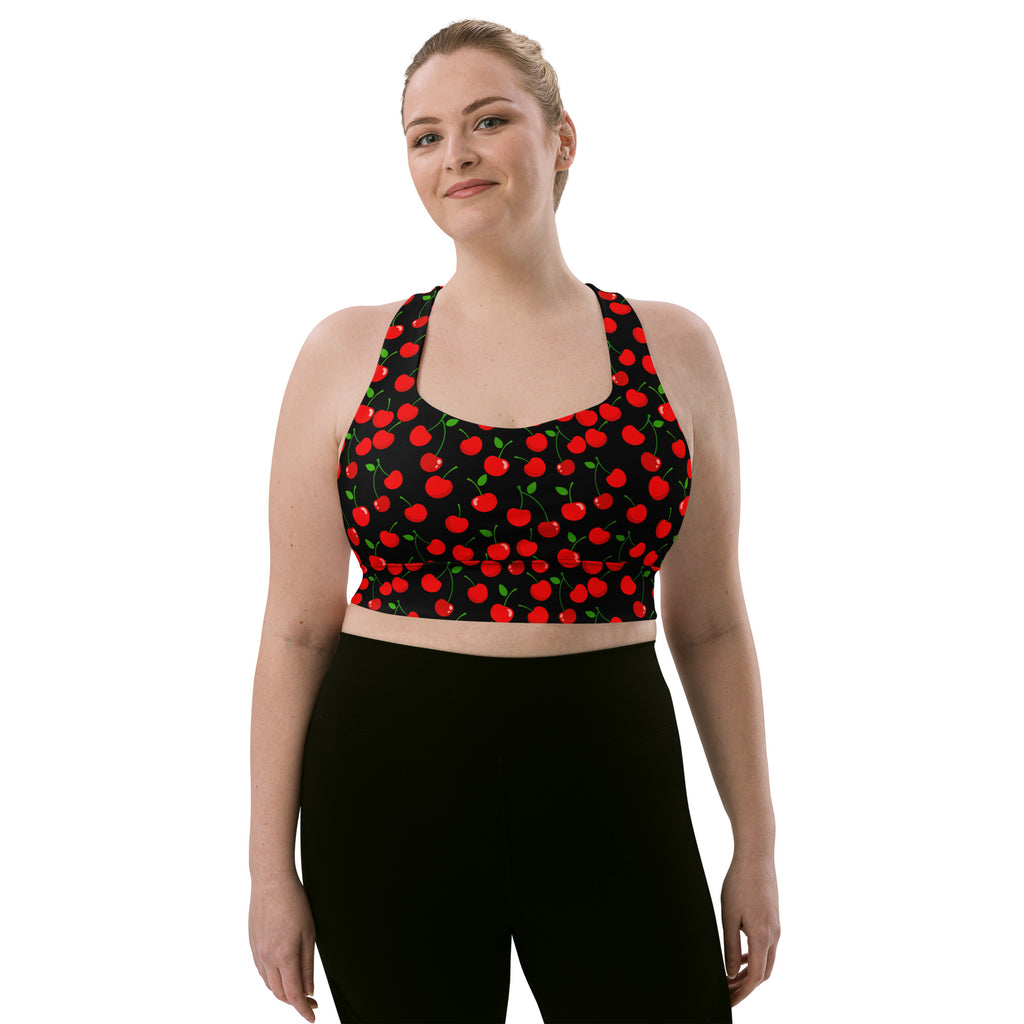 Women’s black cherry print buttery soft recycled longline sports bra with high intensity support and removable padding
