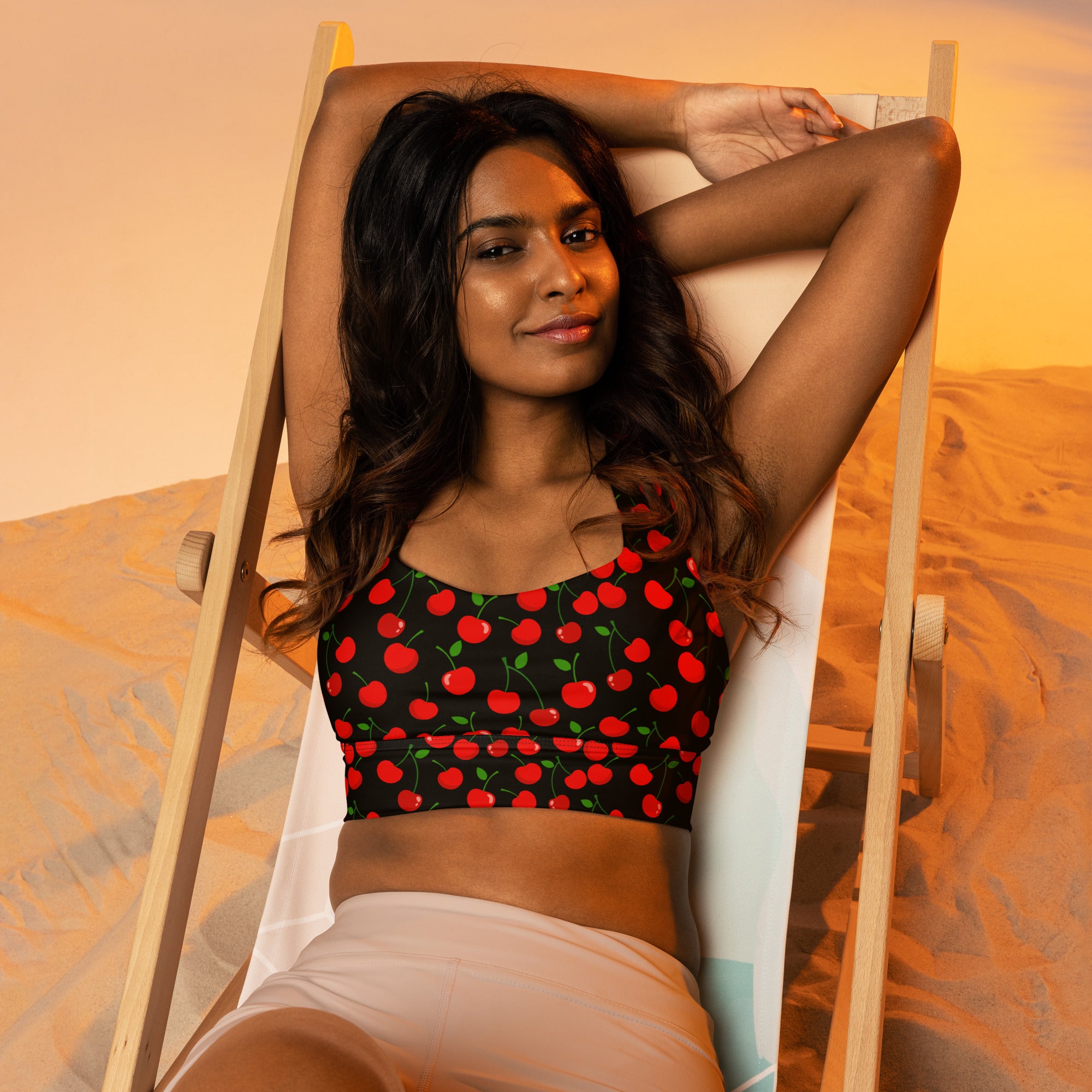 Women’s black cherry print longline sports bra with buttery soft recycled fabric high intensity support and upf 50+