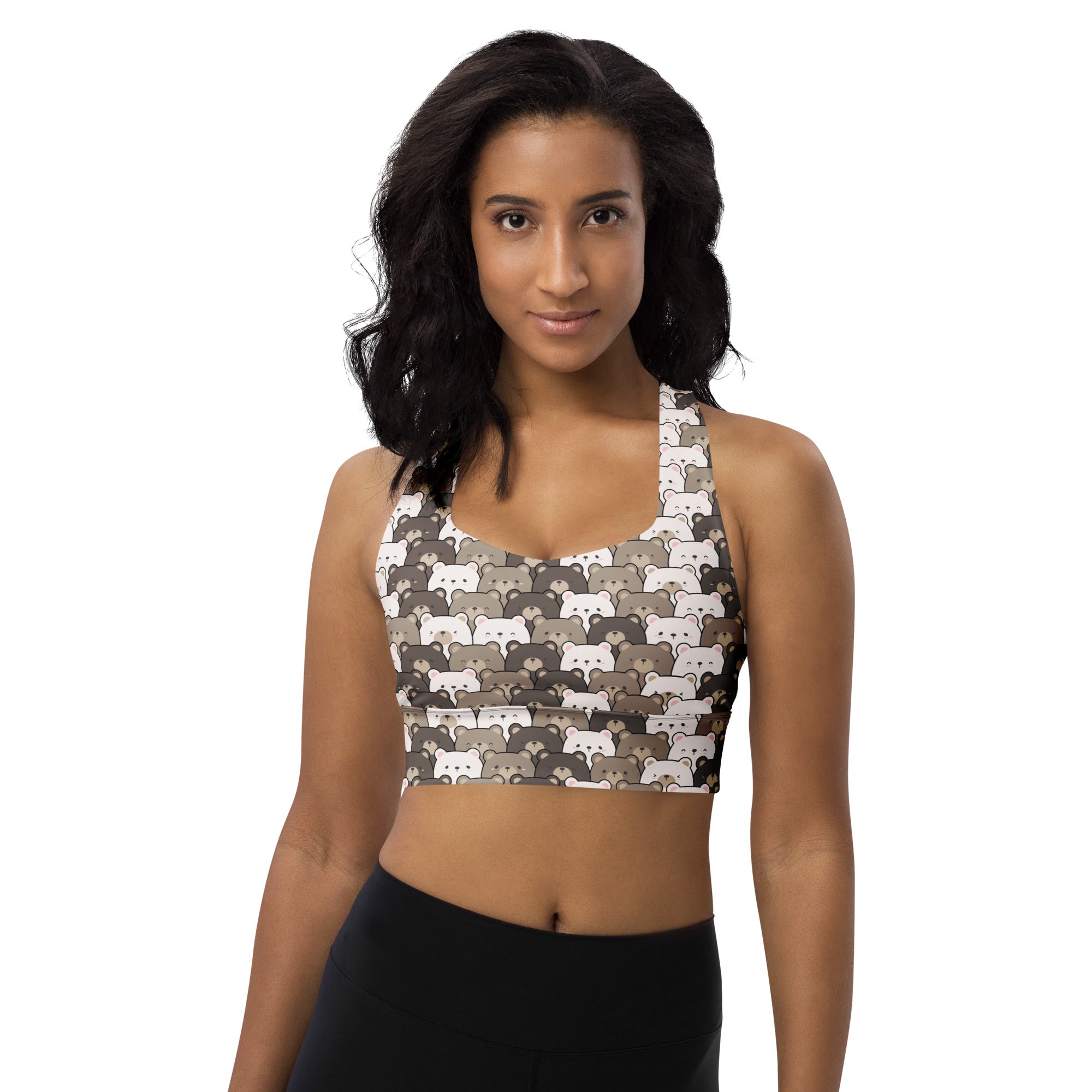 Women’s recycled longline sports bra with high intensity support and gray white stylized bear pattern