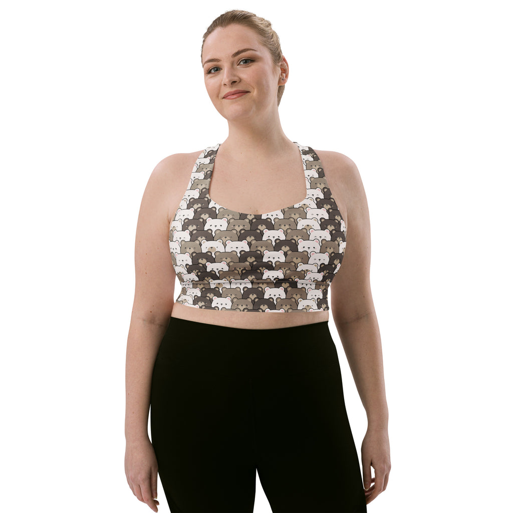 Plus-size women’s bear face buttery soft recycled longline sports bra with raccoon pattern high intensity support