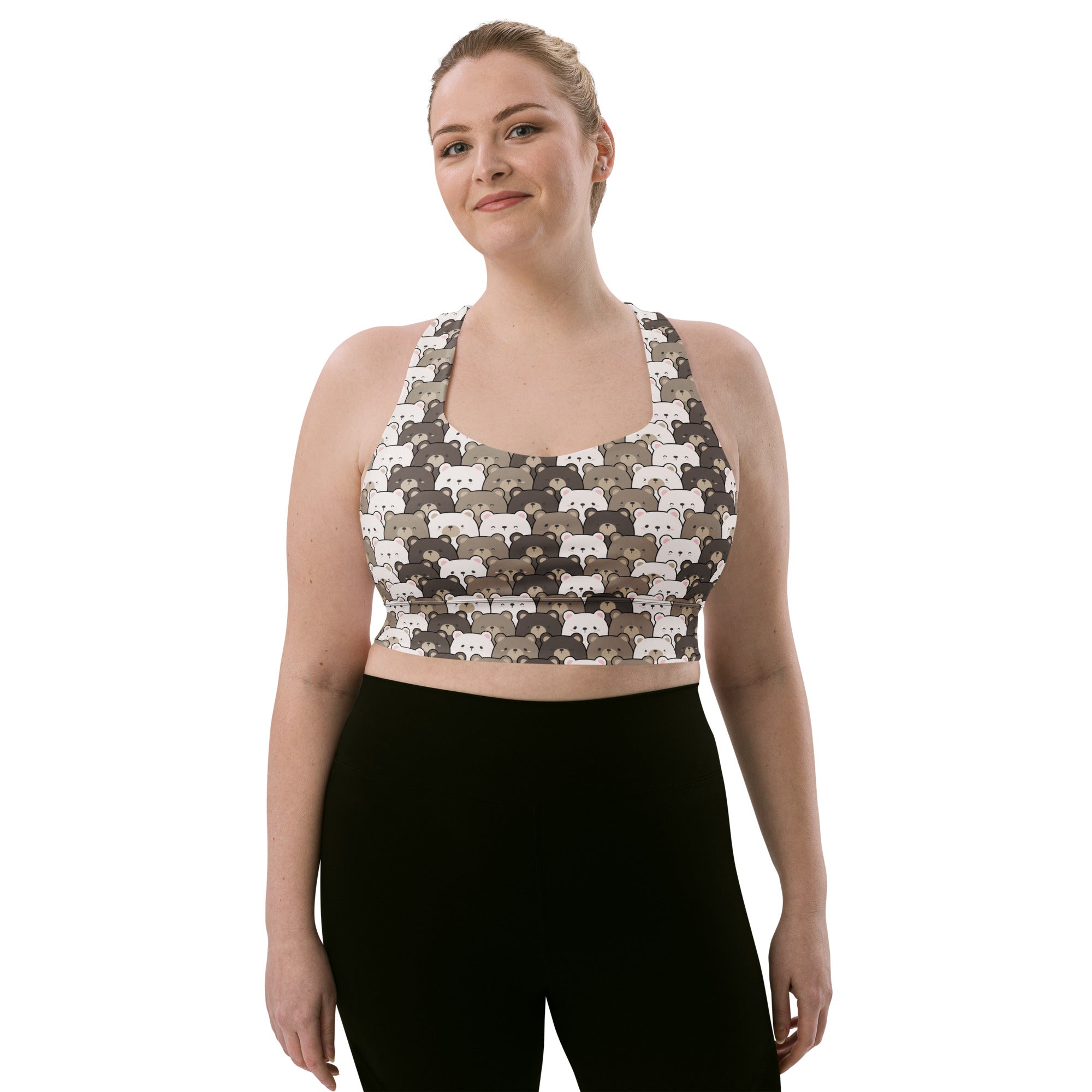 Plus-size women’s bear face buttery soft recycled longline sports bra with raccoon pattern high intensity support