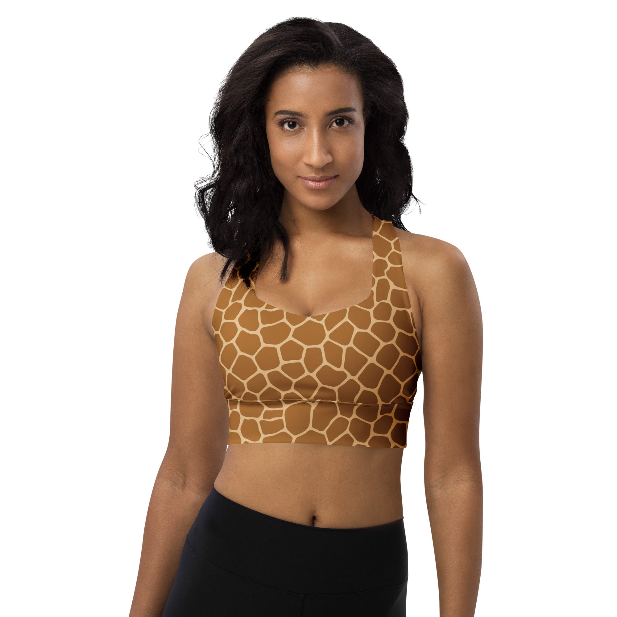 Women’s giraffe print buttery soft recycled longline sports bra in tan and beige with halter straps for high intensity support