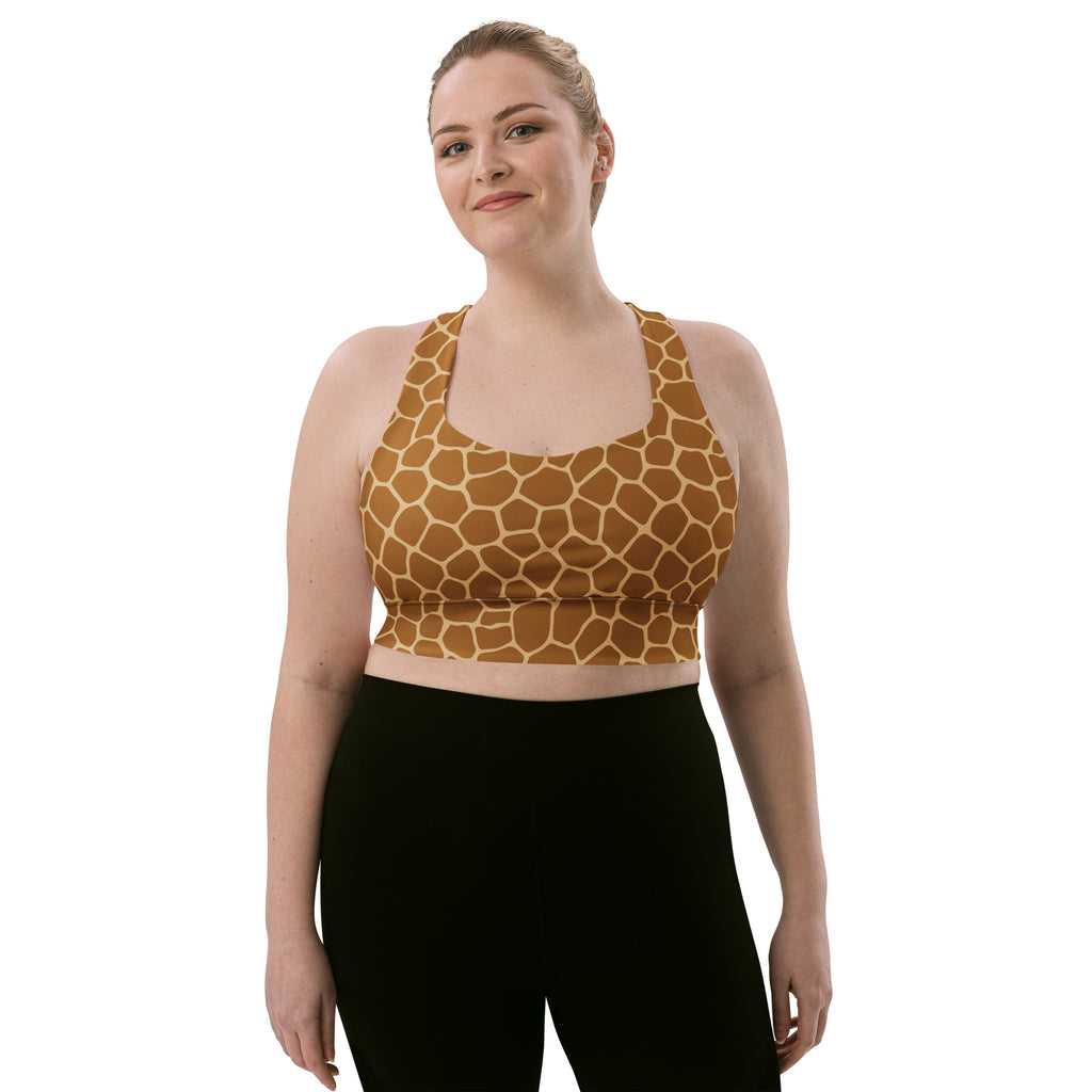 Plus-size giraffe print sports bra in tan and beige geometric pattern made from stretchy recycled fabric for high intensity support