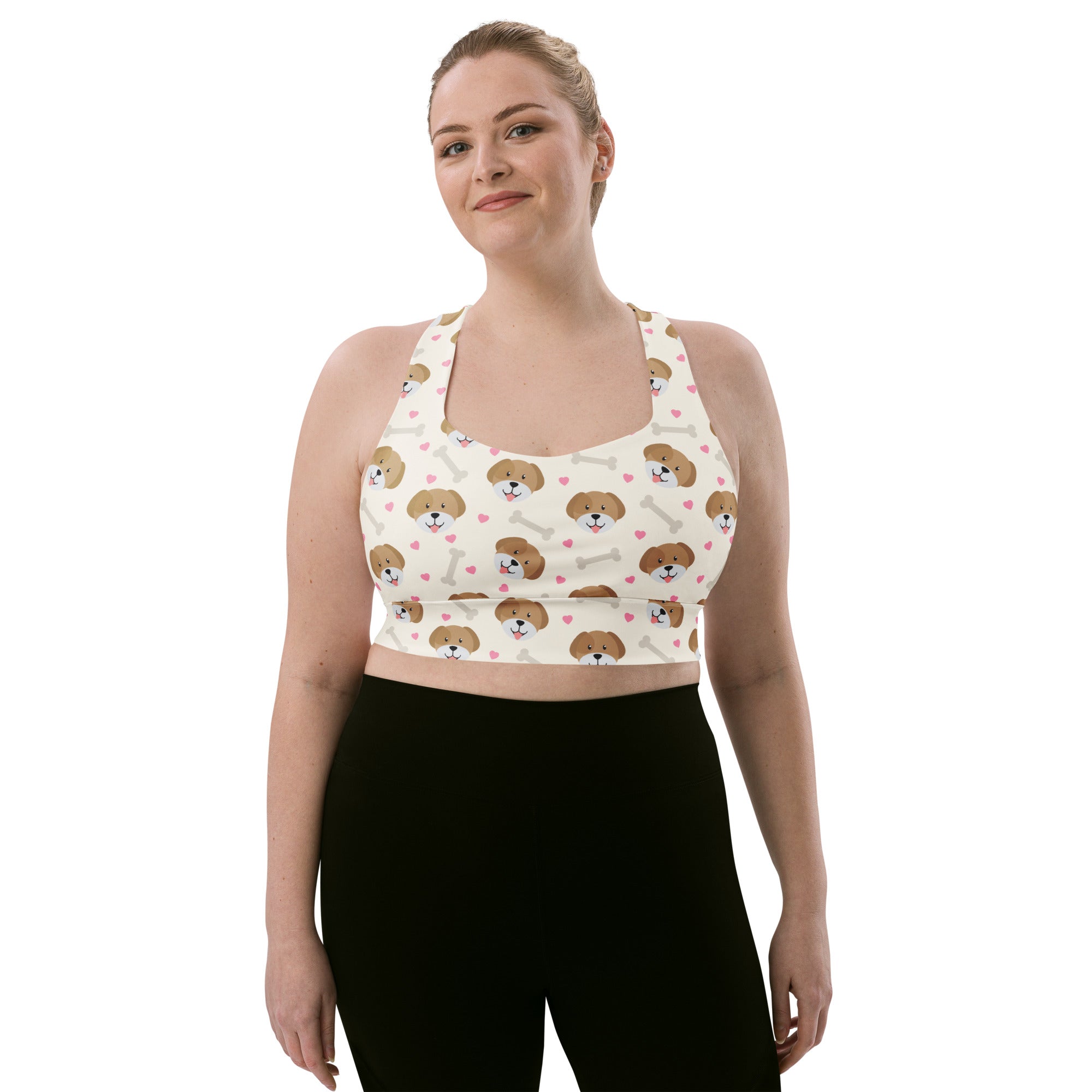 Women’s white longline sports bra with playful brown puppy faces pink hearts buttery soft recycled fabric