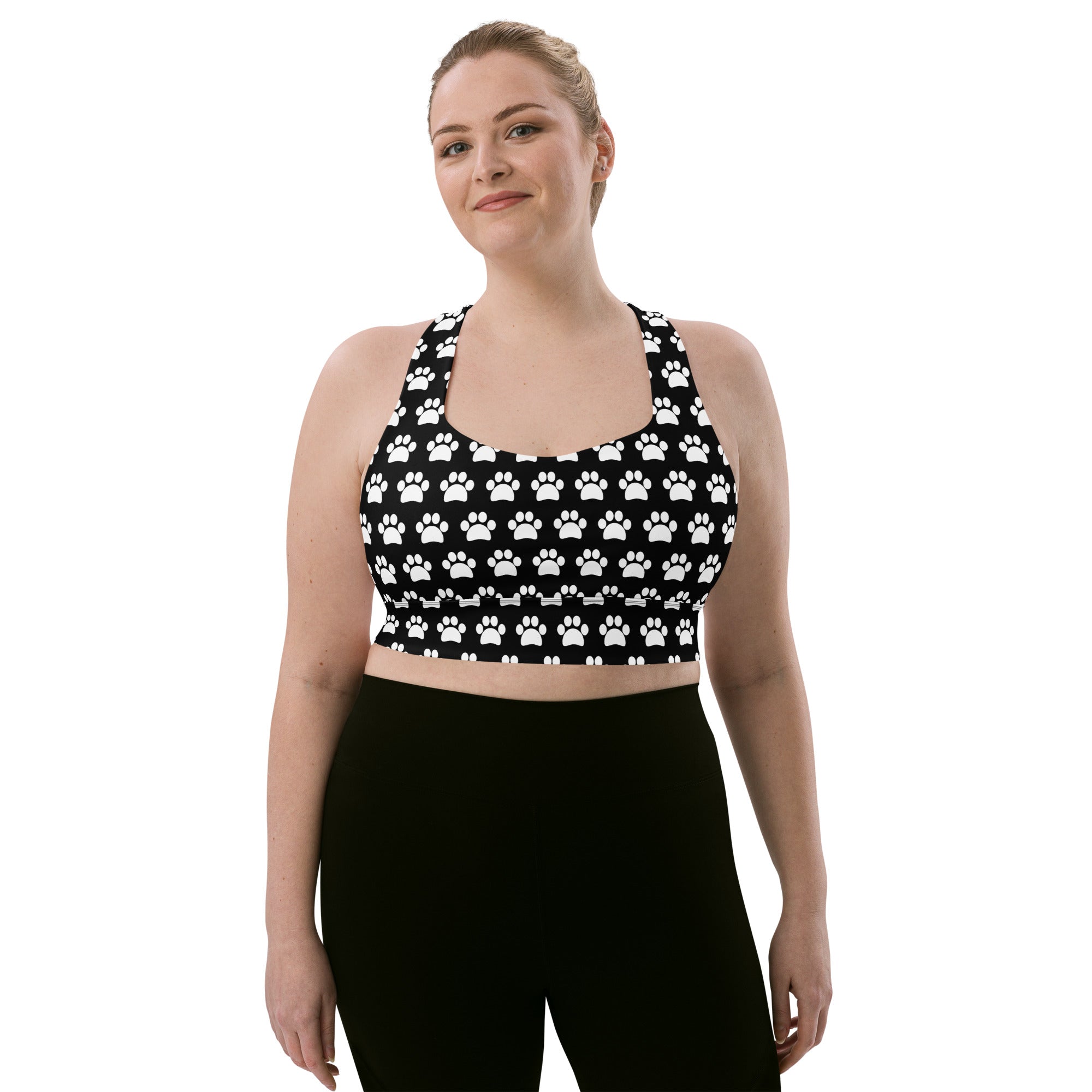 Women’s black and white paw print buttery soft recycled longline sports bra with high intensity support and quick dry