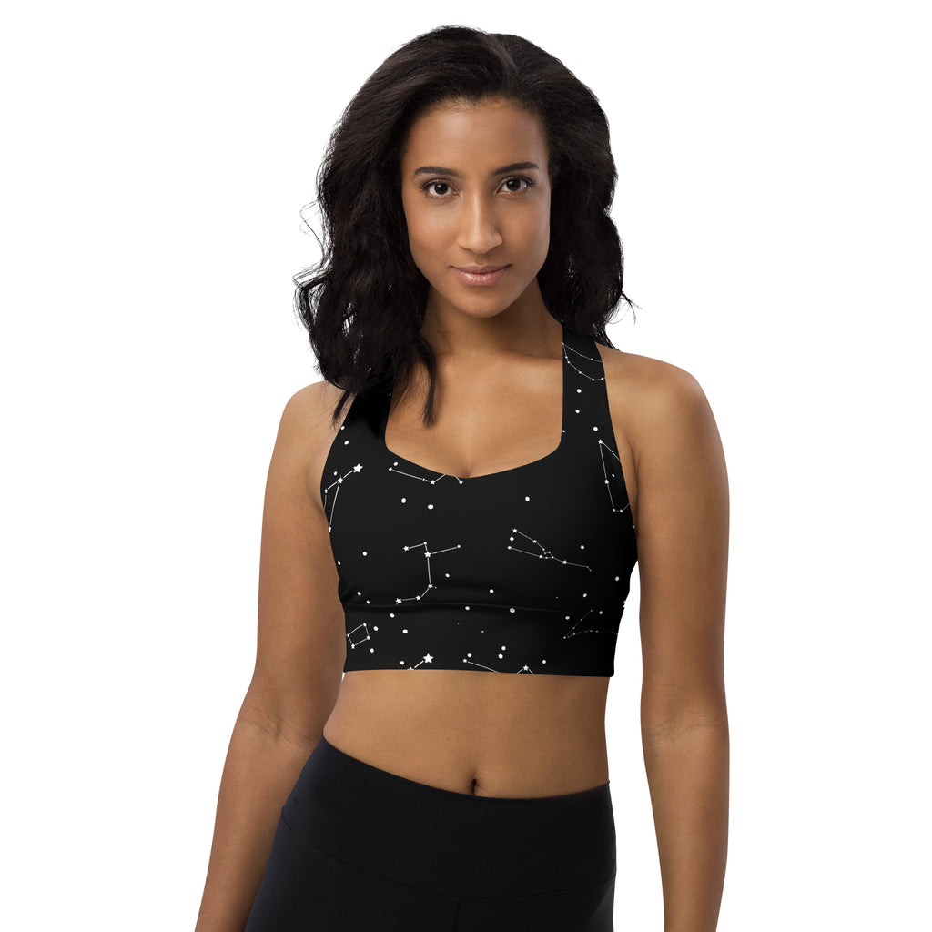 Women’s black longline sports bra with white constellation print buttery soft recycled fabric high intensity support