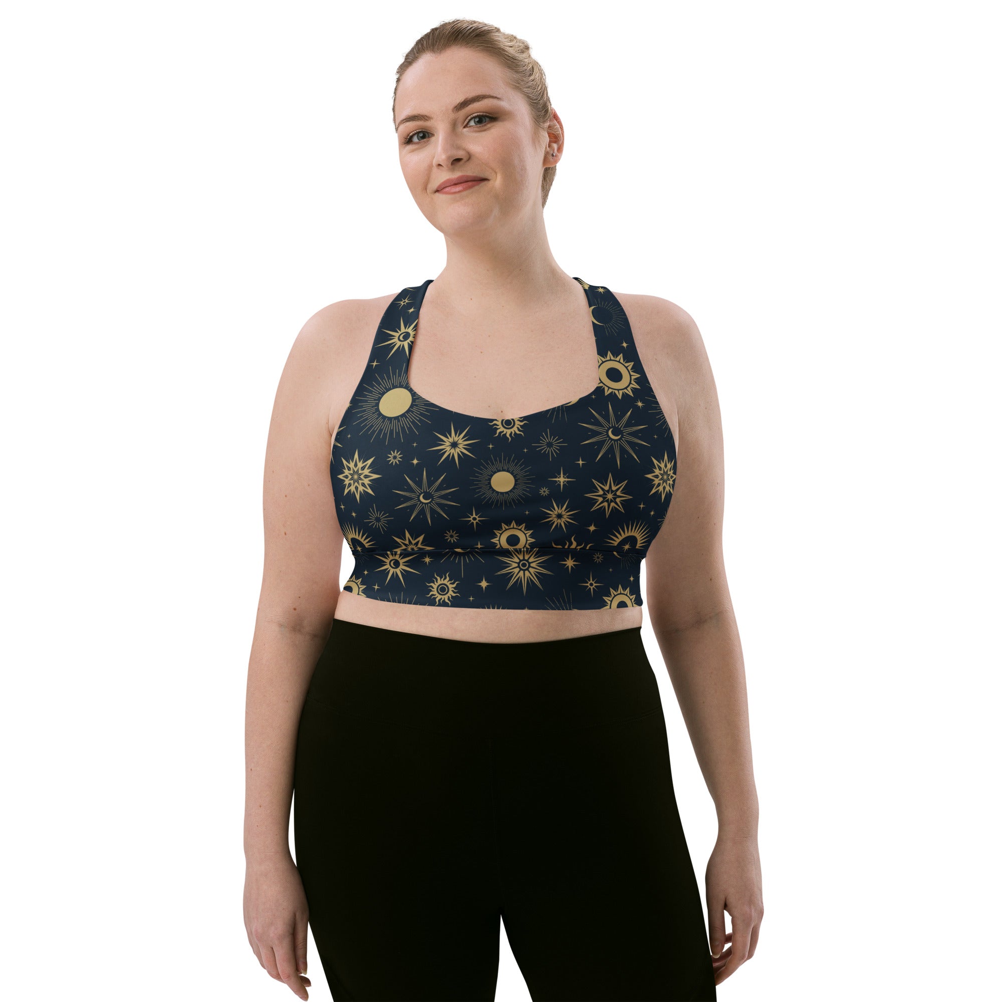 A navy blue womens celestial sun and moon buttery soft recycled longline sports bra with high intensity support