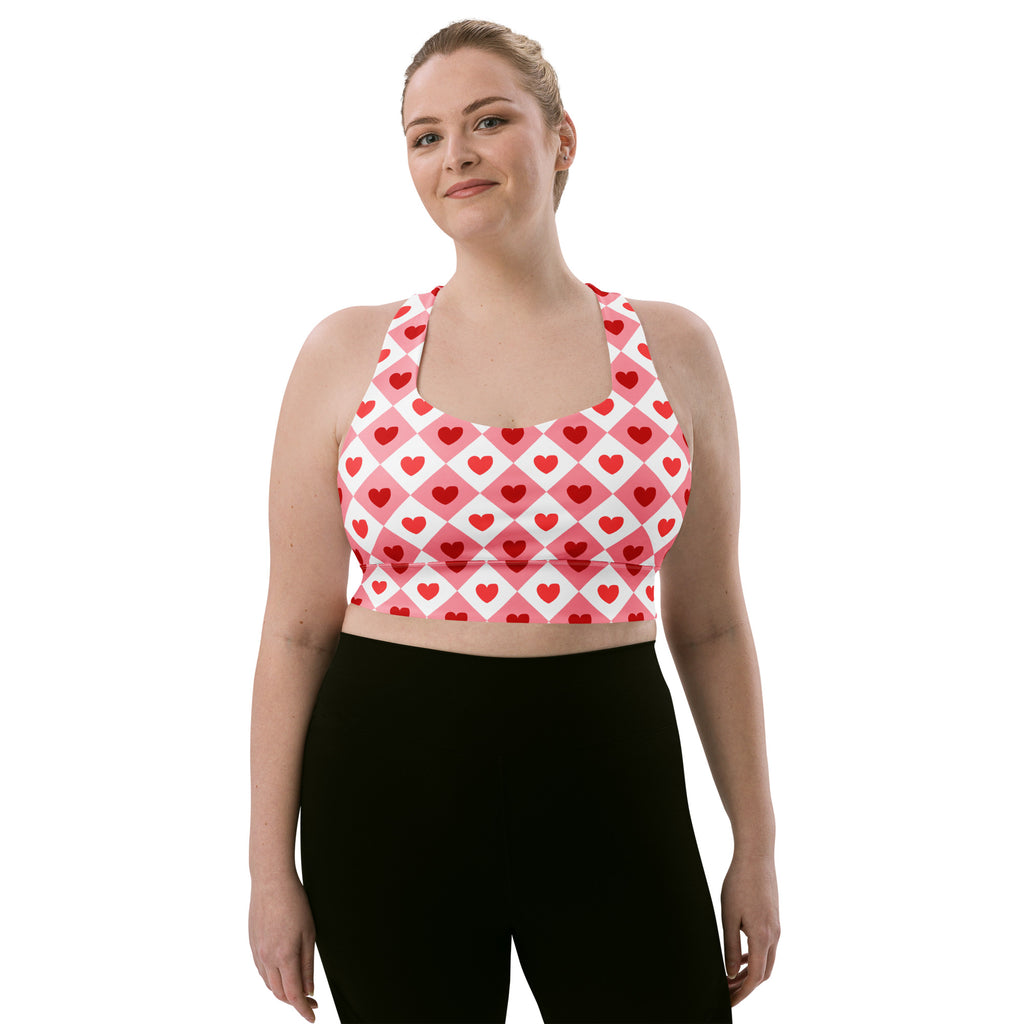 Women’s valentines day pink and white heart patterned buttery soft recycled longline sports bra with halter neckline
