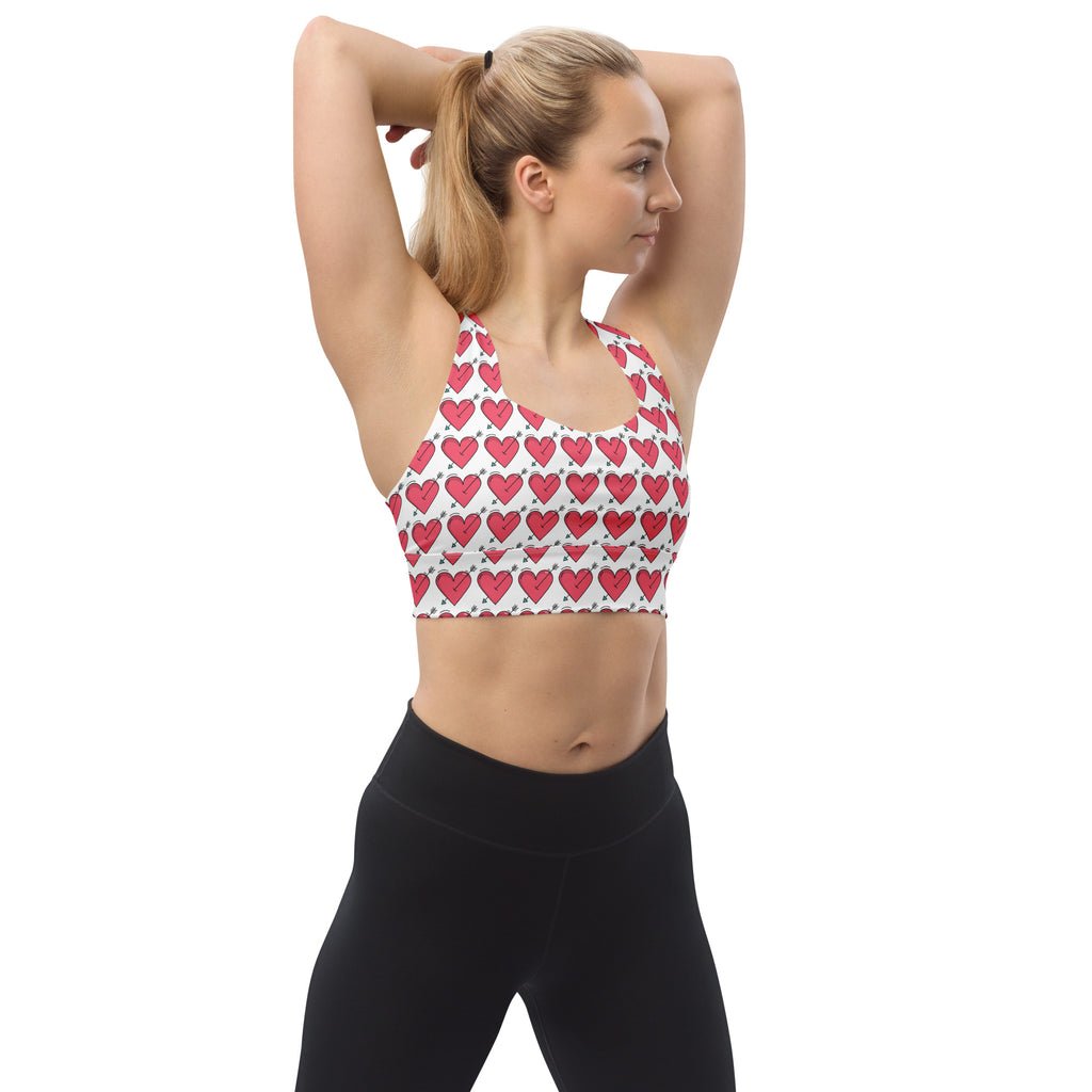 Women’s white longline sports bra with red heart and black dot pattern buttery soft recycled fabric high intensity support