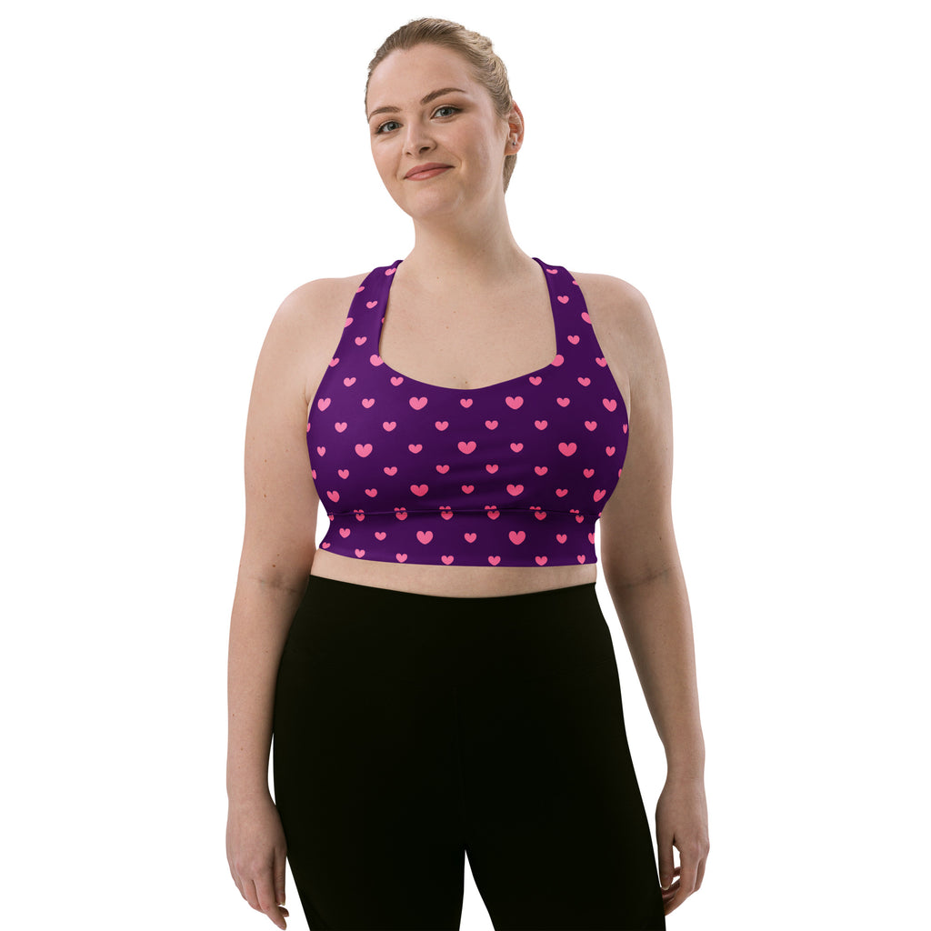 Women’s purple buttery soft recycled longline sports bra with pink heart pattern for high intensity support