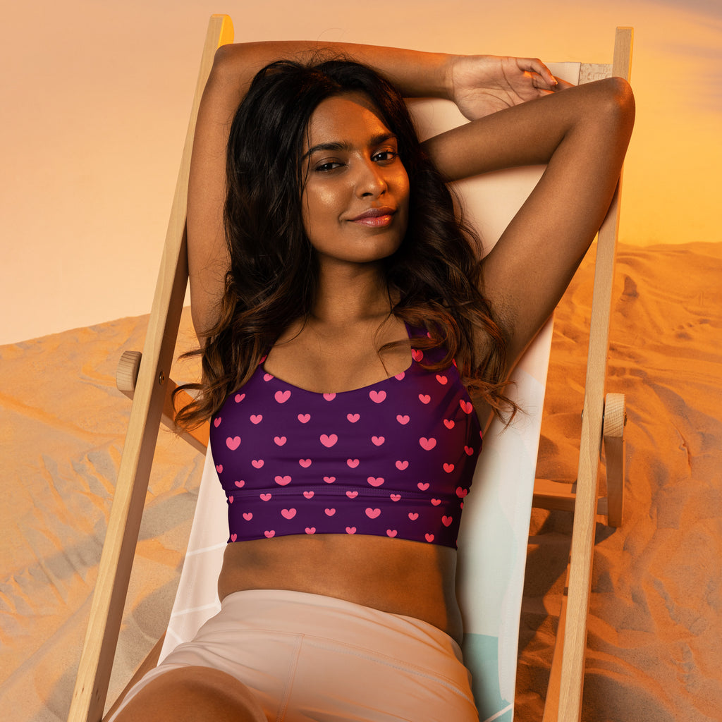Women’s purple buttery soft recycled longline sports bra with pink heart pattern high intensity support