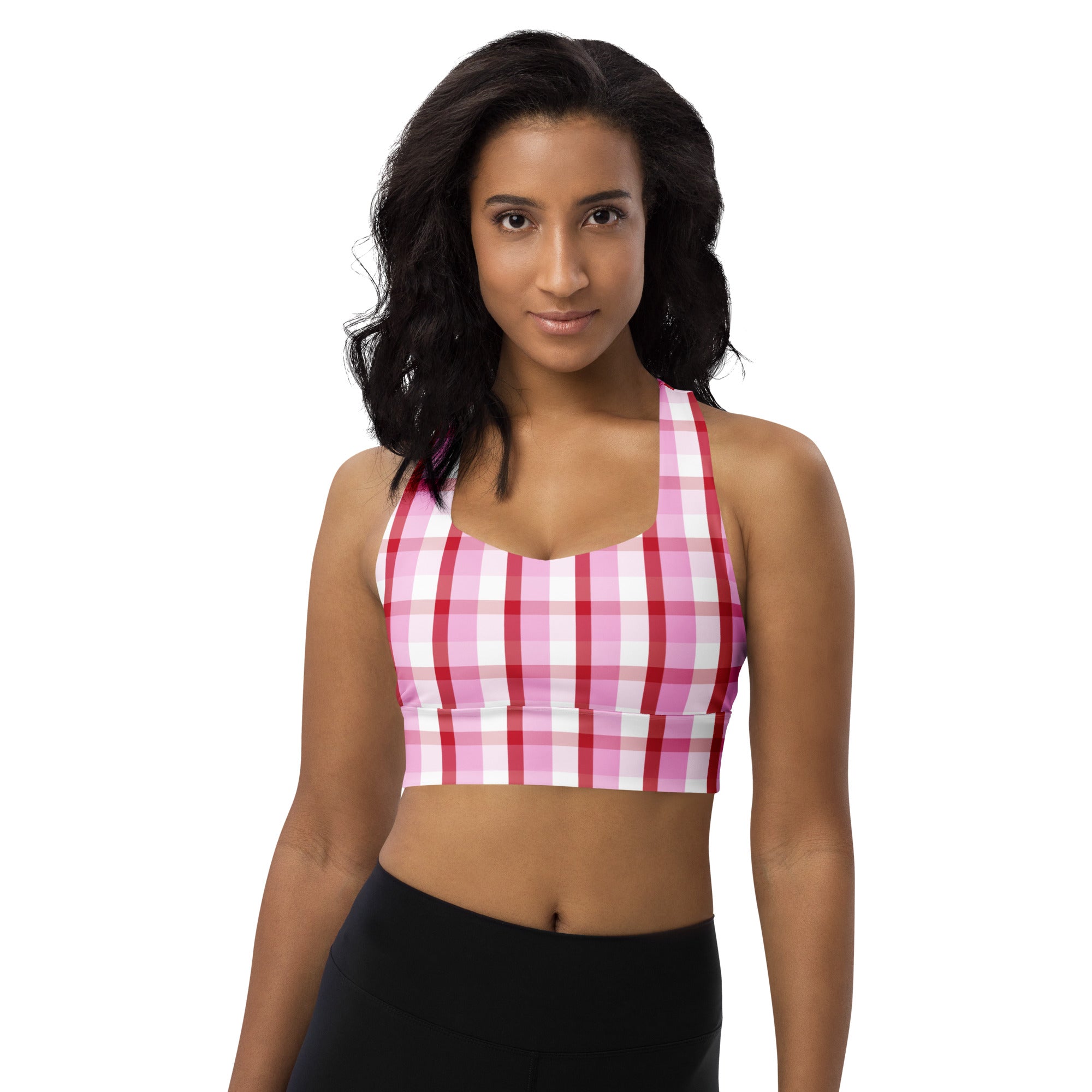 Women’s valentine’s day pink gingham buttery soft recycled longline sports bra with halter neckline and high support