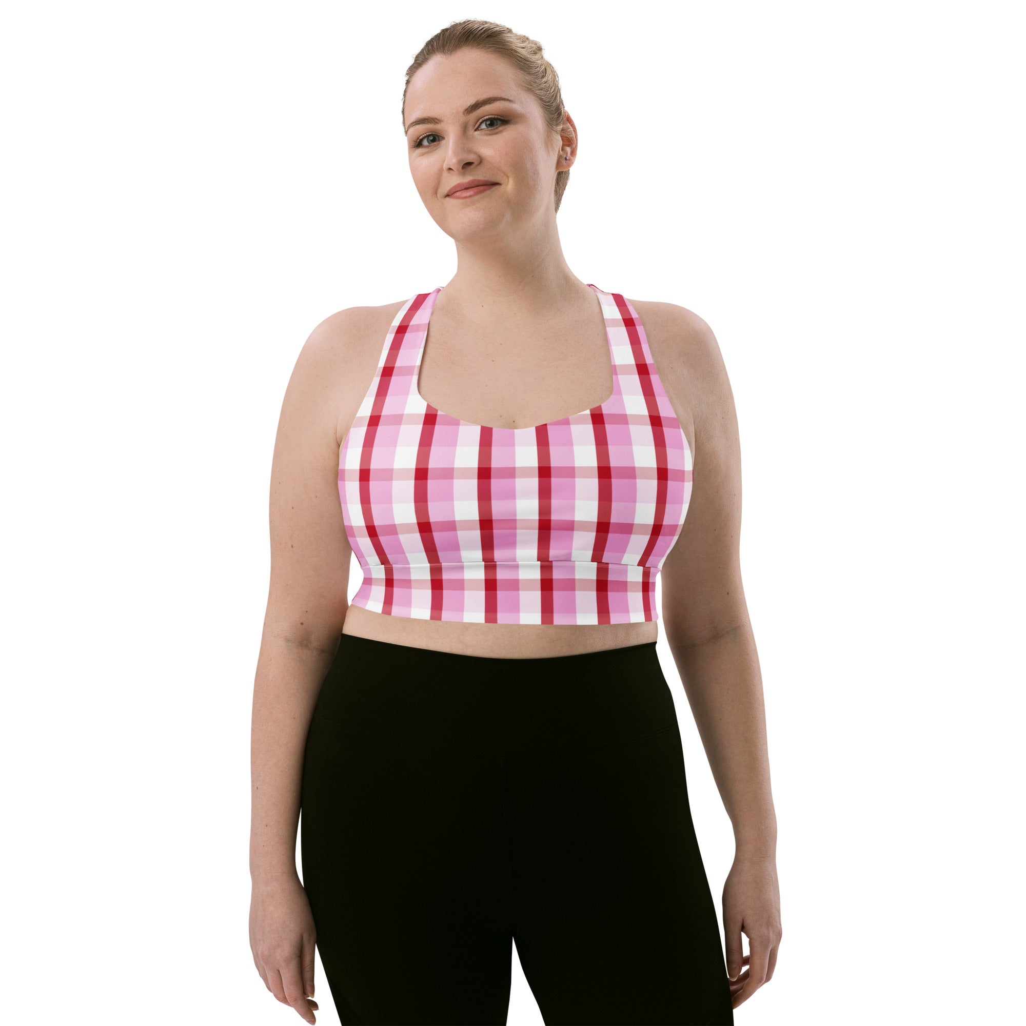 Women’s valentine’s day pink and white checkered buttery soft recycled sports bra with racerback straps shown from back