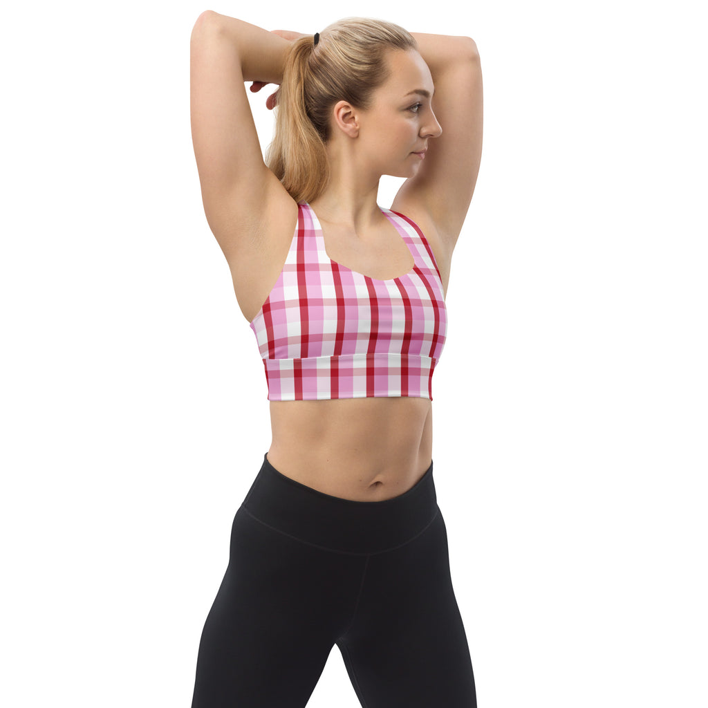 Women’s Valentine’s Day pink and white checkered recycled longline sports bra with high intensity support and quick dry fabric