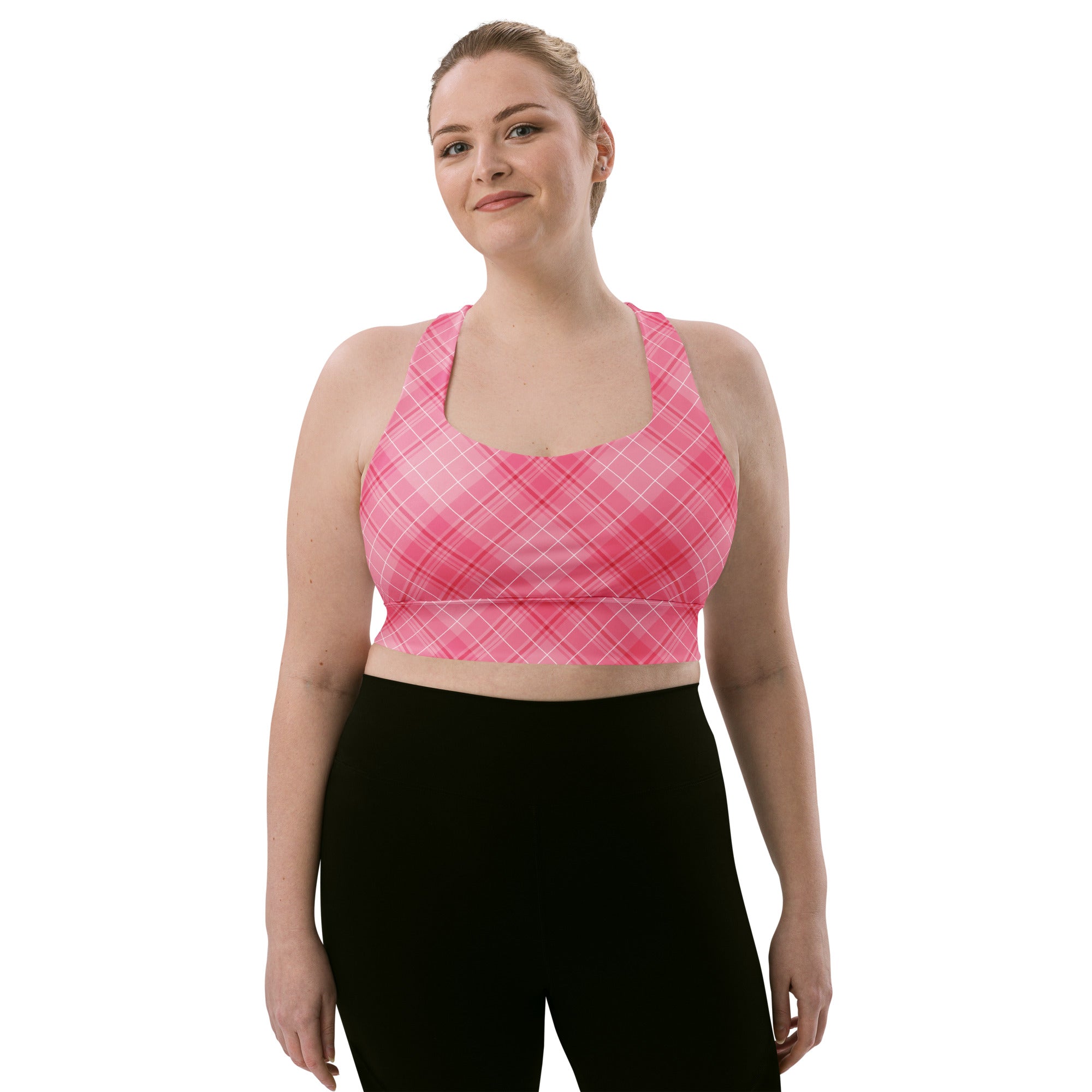 Women’s valentine’s day pink plaid buttery soft recycled longline sports bra with adjustable straps and high support