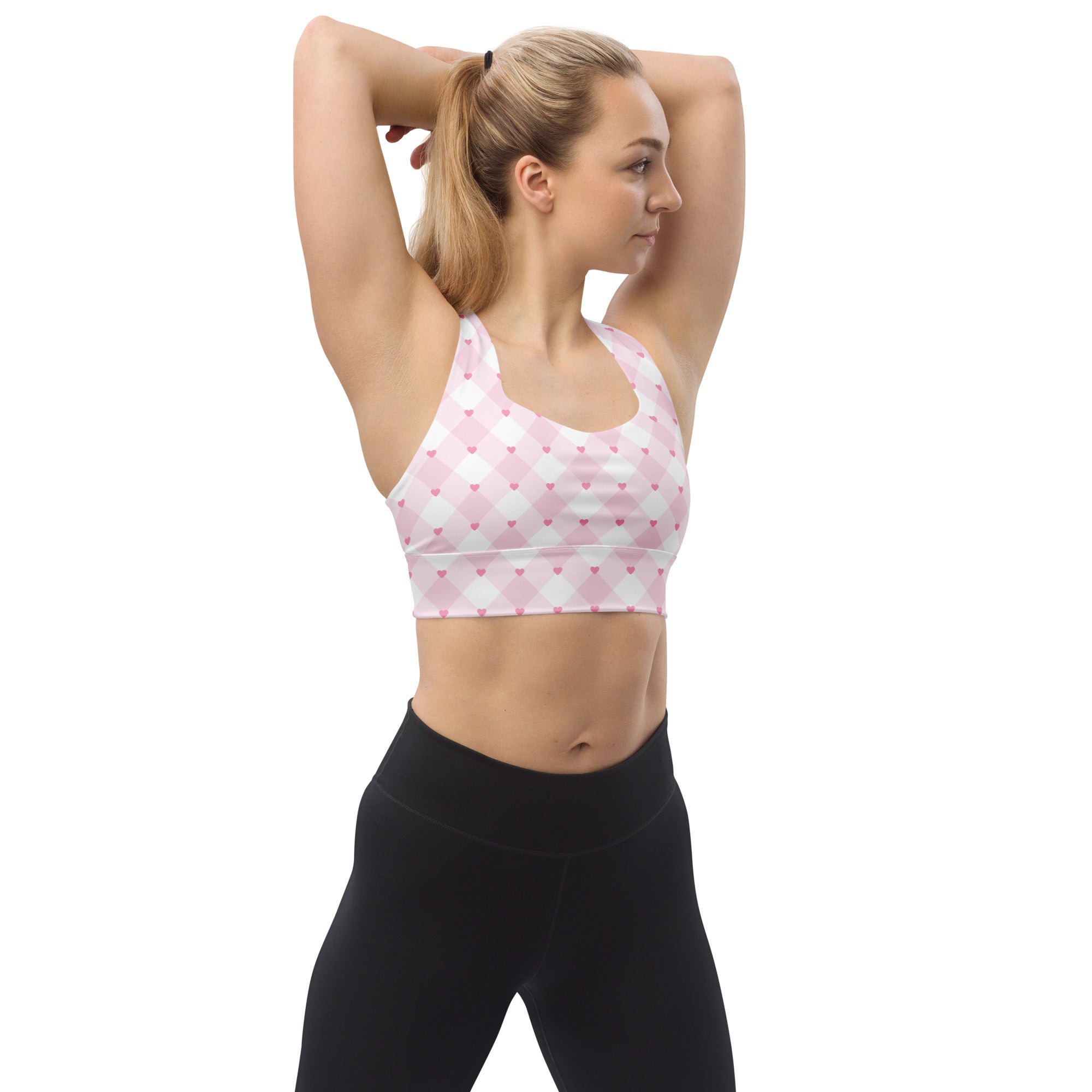 Women’s valentine’s day pink and white argyle heart buttery soft recycled longline sports bra with high intensity support