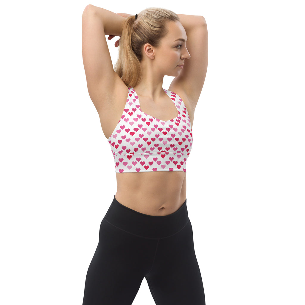 Women’s valentine’s day white longline sports bra with pink heart pattern buttery soft recycled fabric