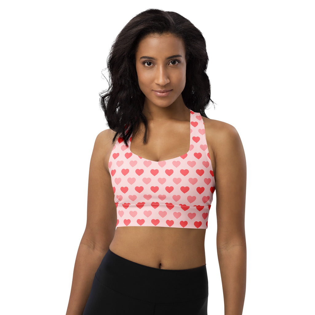 Women’s valentine’s day pink heart pattern buttery soft recycled longline sports bra with halter neck design