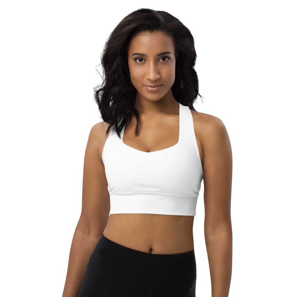 Women’s buttery soft white recycled longline sports bra with scoop neckline wide supportive straps and high intensity support