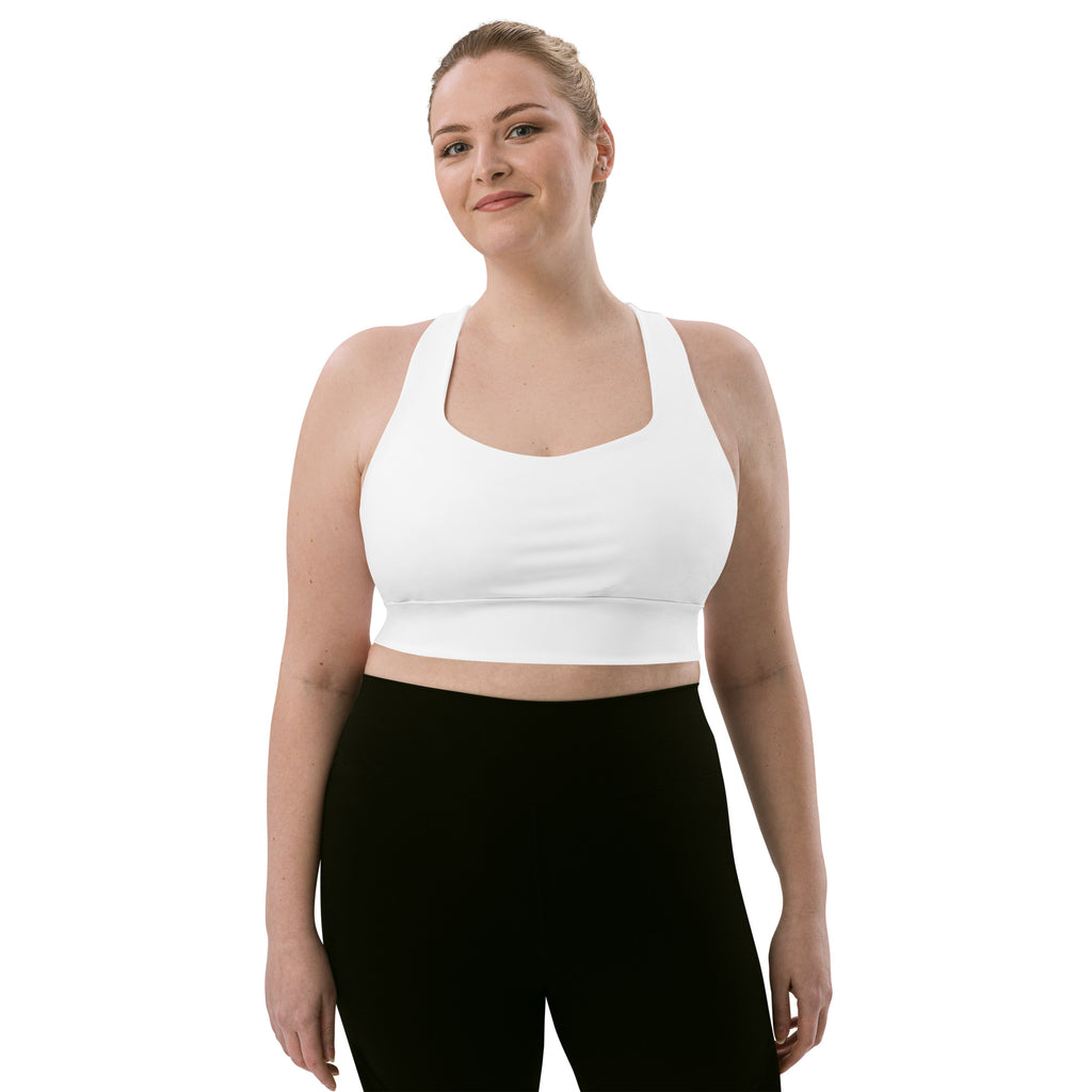 White racerback sports bra with smooth stretchy fabric and supportive band for high intensity support