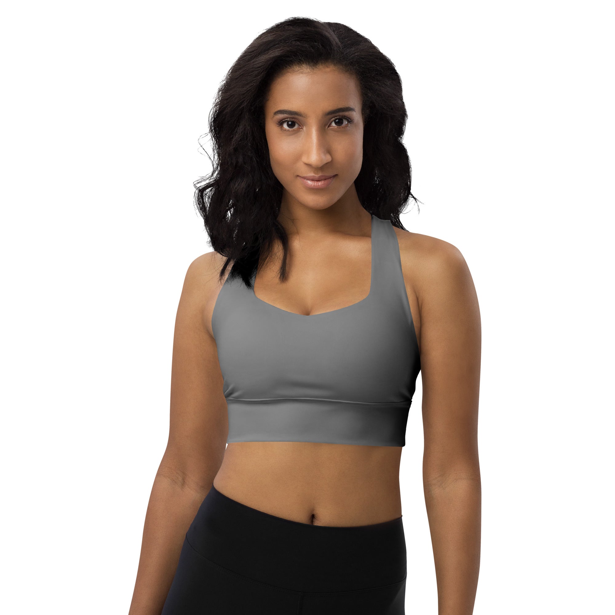 Gray seamless longline sports bra with high intensity support, adjustable straps, quick dry fabric, and UPF 50 plus protection