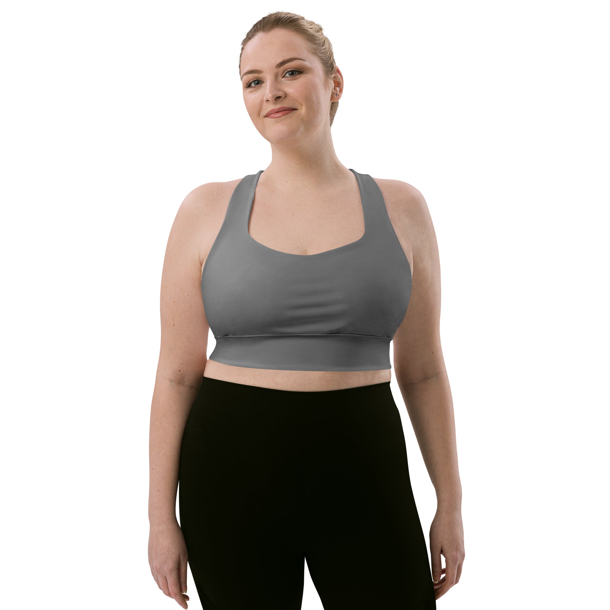 Women’s buttery soft gray recycled longline sports bra with wide shoulder straps and seamless high intensity support