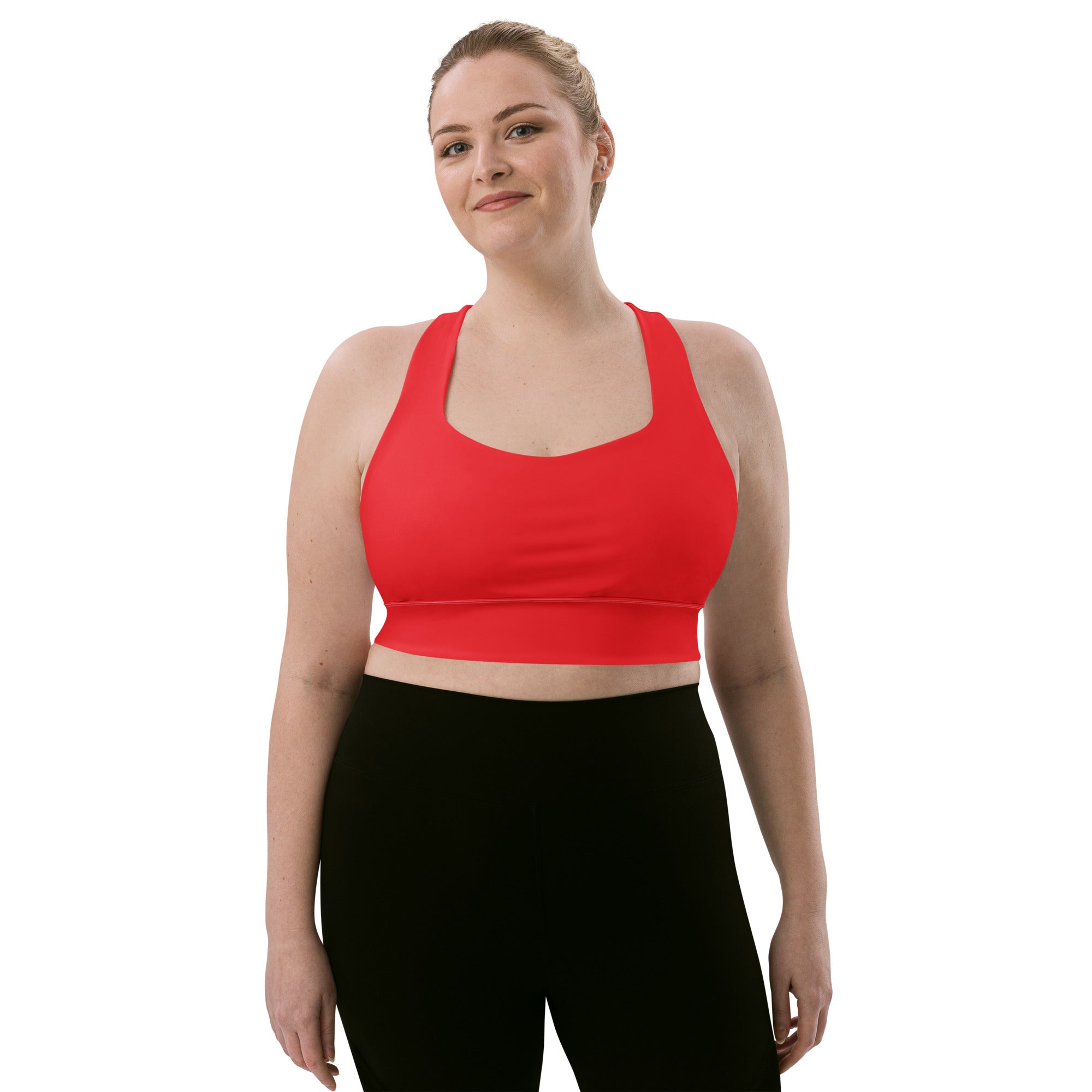Women’s bright red recycled longline sports bra with wide straps and supportive band for high intensity support