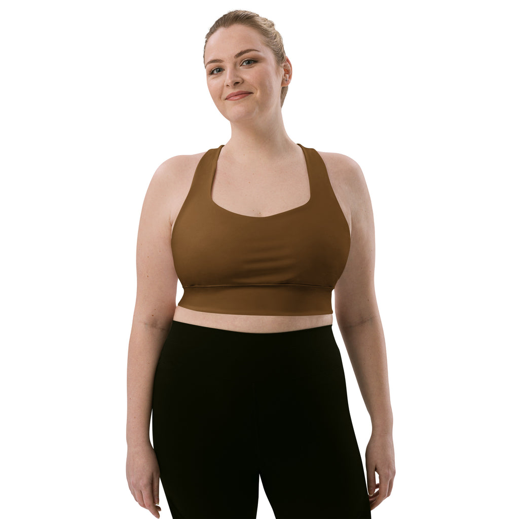 Women’s buttery soft brown recycled longline sports bra with wide shoulder straps for high intensity support