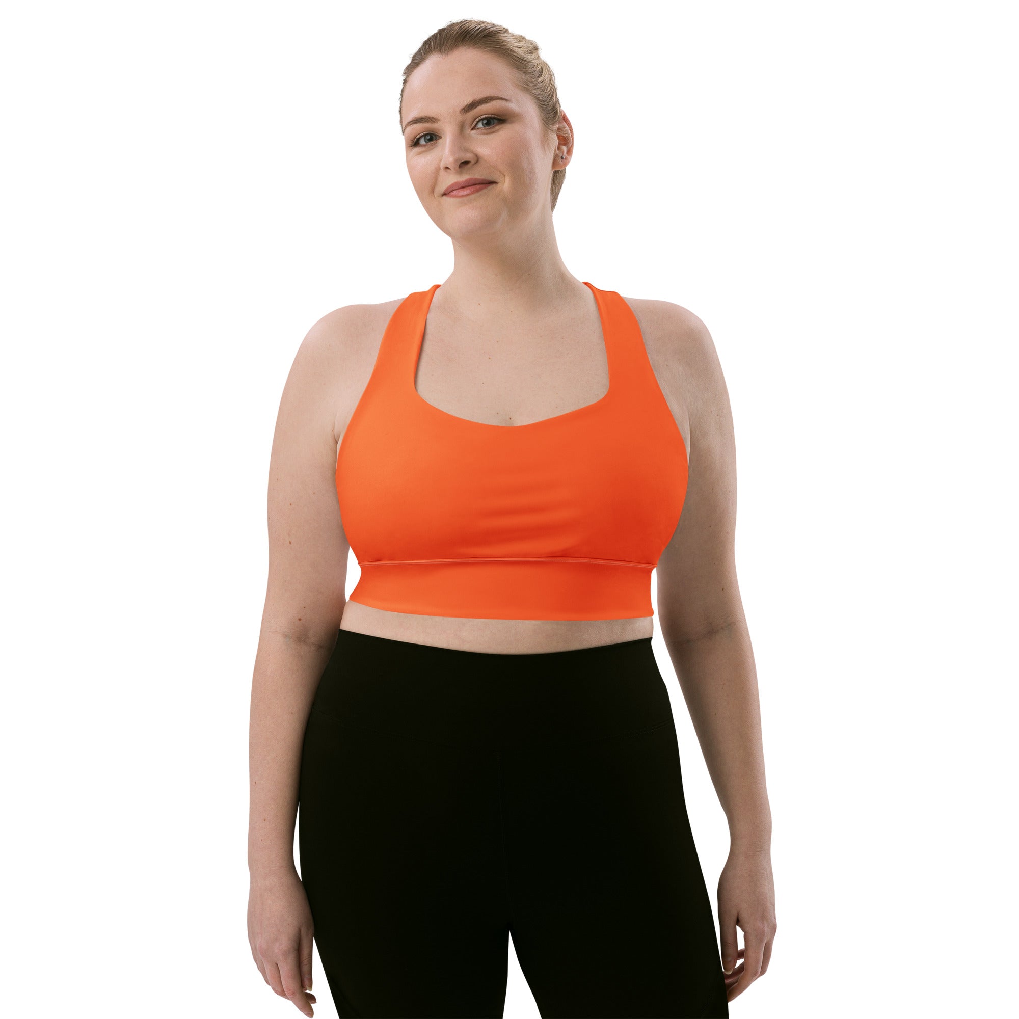 Bright orange seamless longline sports bra with high intensity support quick dry and UPF 50 plus protection