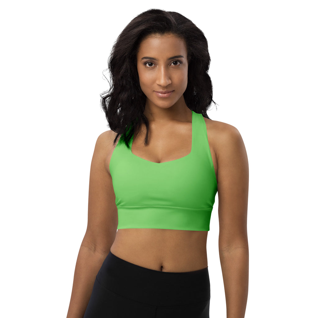 Bright green seamless recycled longline sports bra with scoop neckline, supportive band, quick dry and UPF 50+ protection