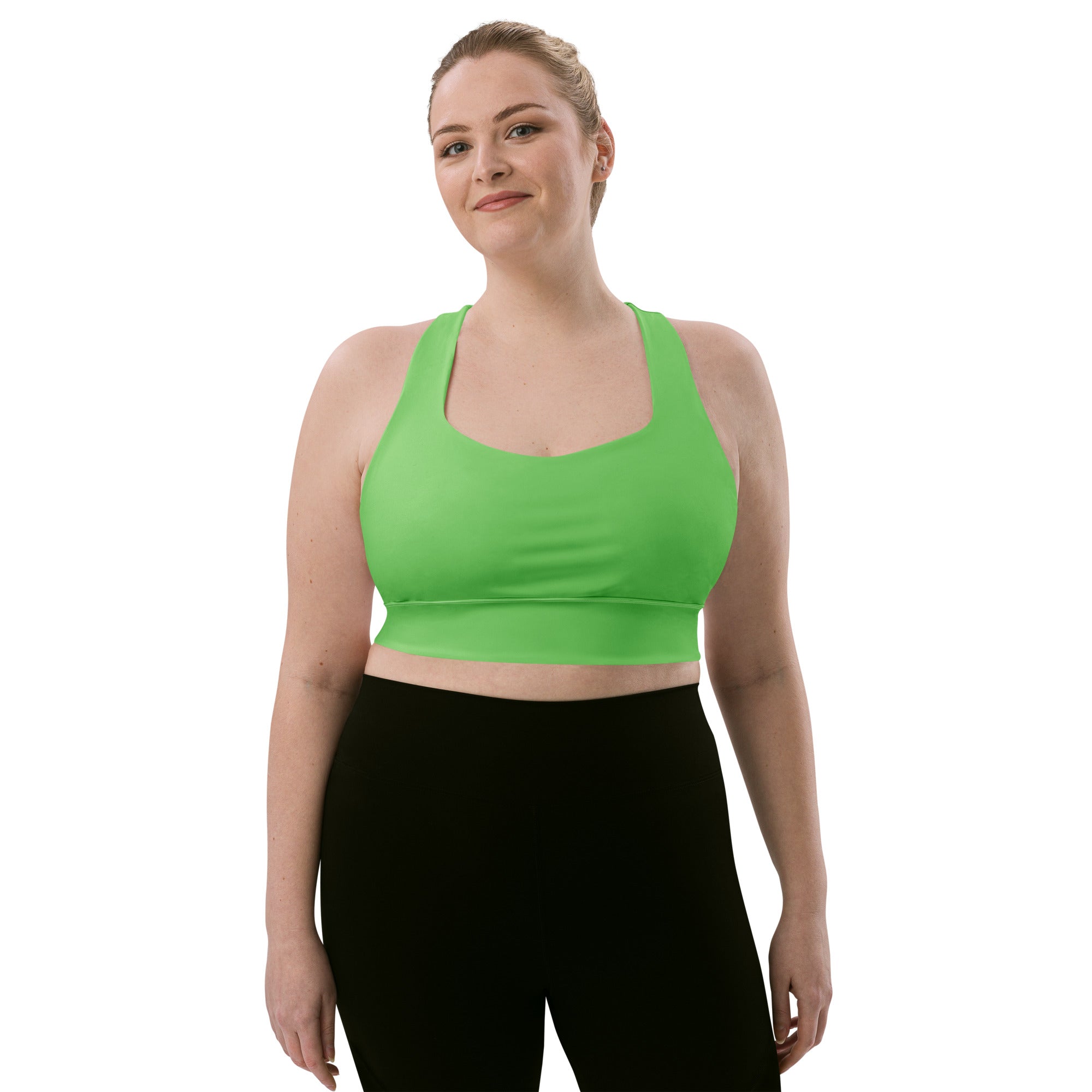 Bright green seamless longline sports bra with racerback straps made from recycled buttery soft fabric for high intensity support