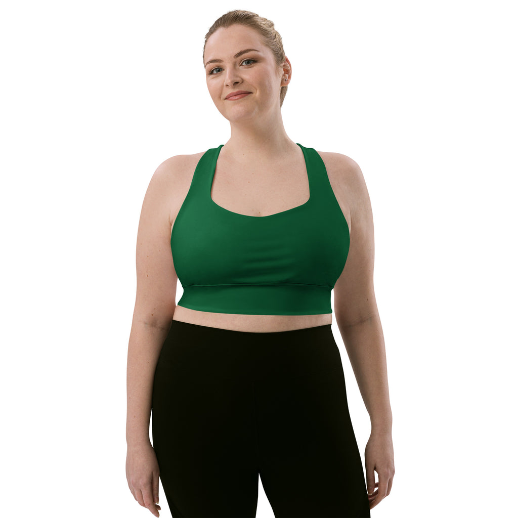 Green longline sports bra with scoop neckline and racerback straps made from recycled fabric for high intensity support