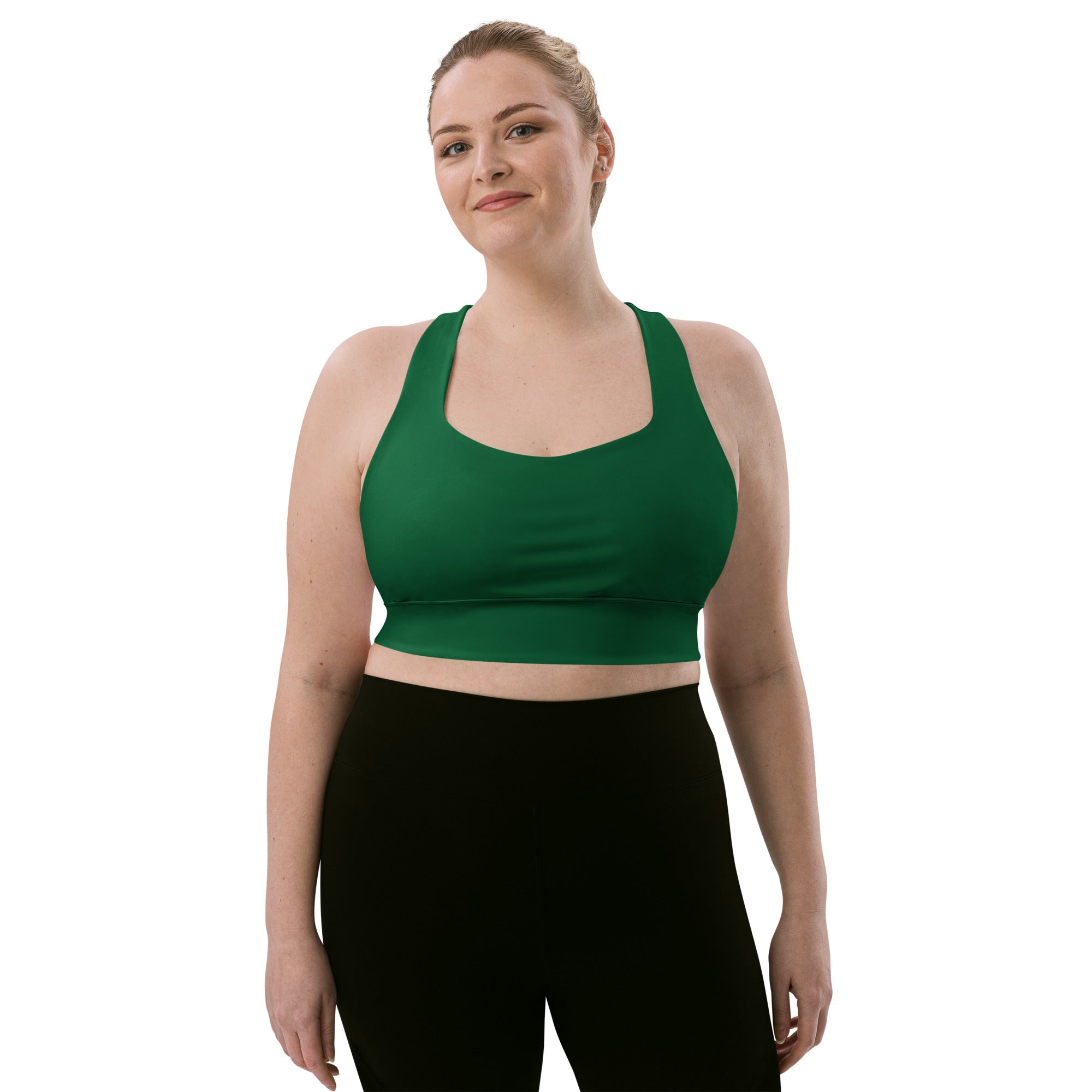 Green longline sports bra with scoop neckline and racerback straps made from recycled fabric for high intensity support