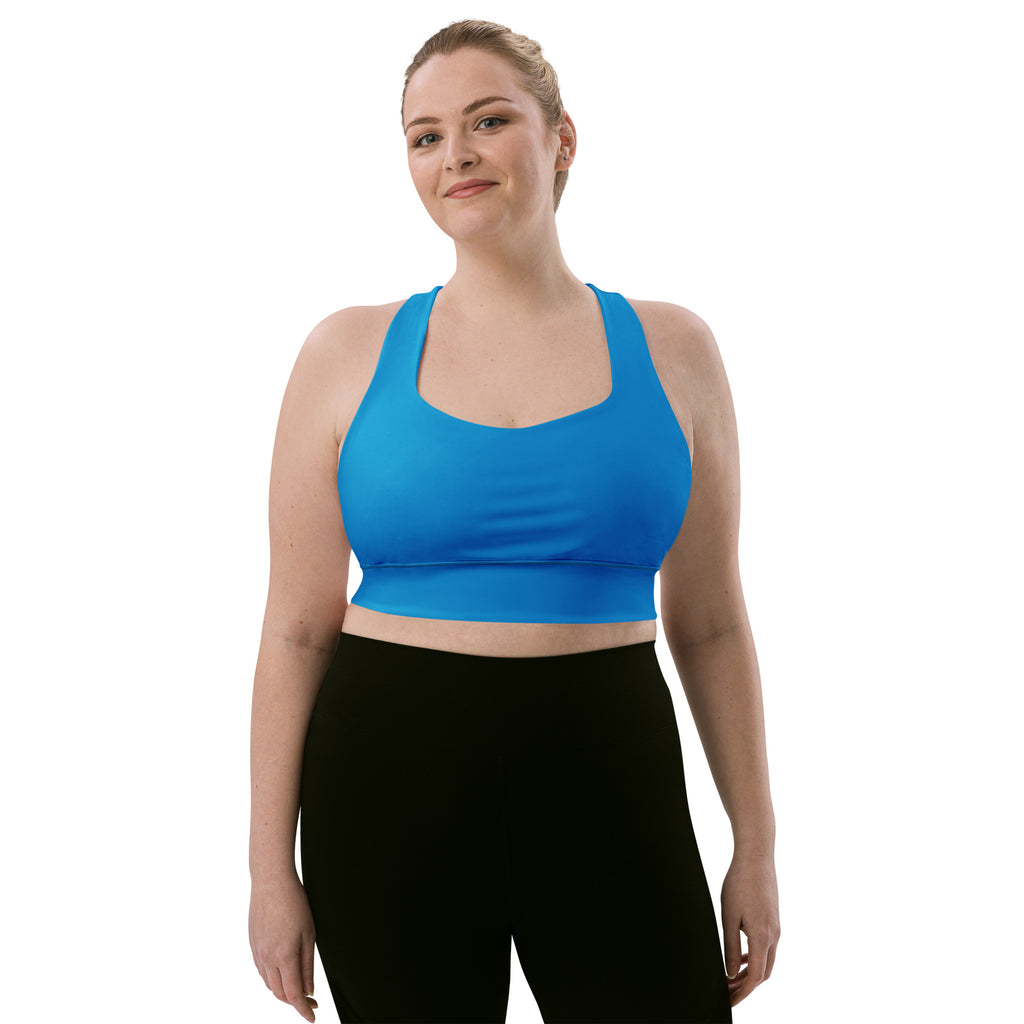 Bright blue seamless longline sports bra with racerback straps, buttery soft recycled fabric for high intensity support