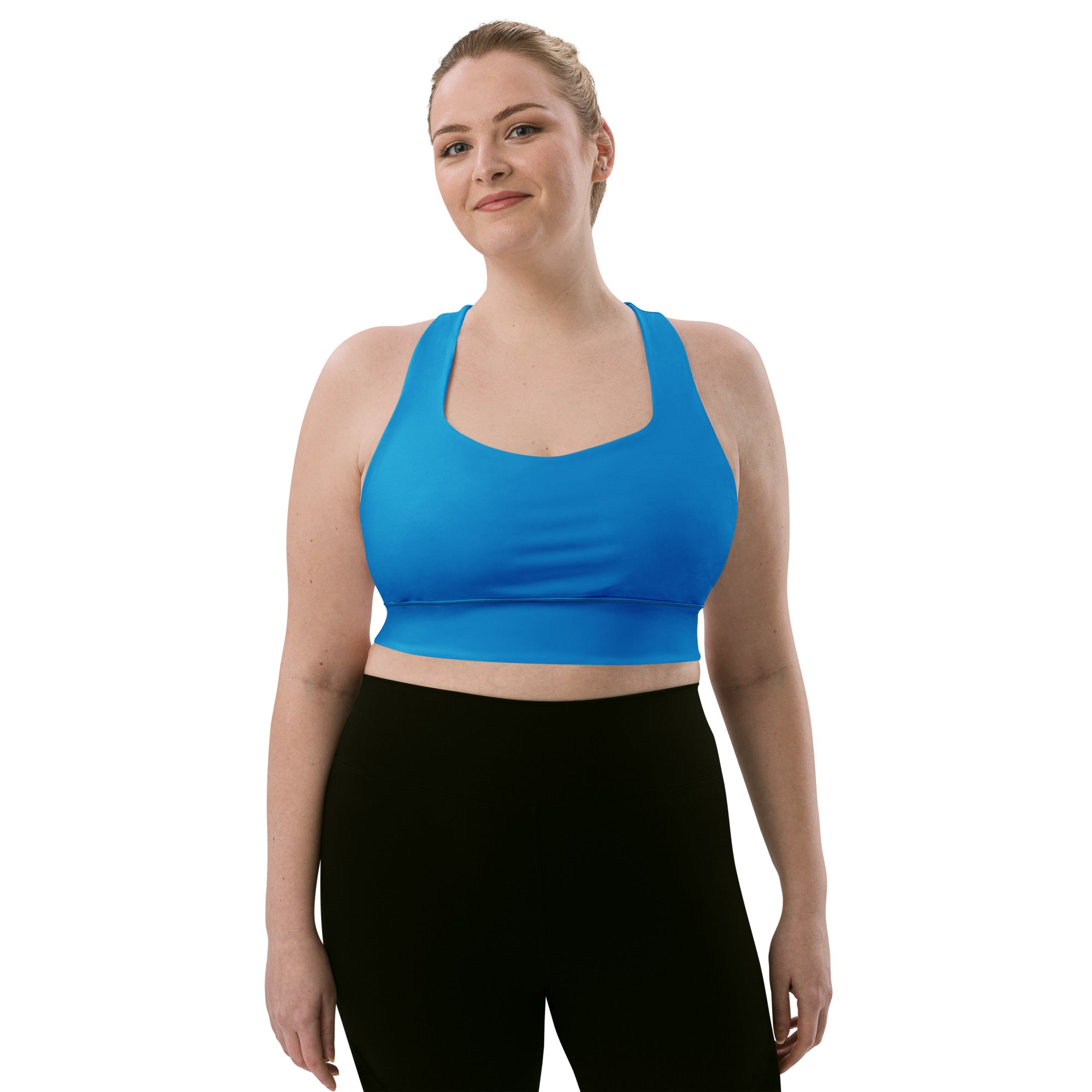 Bright blue seamless longline sports bra with racerback straps, buttery soft recycled fabric for high intensity support