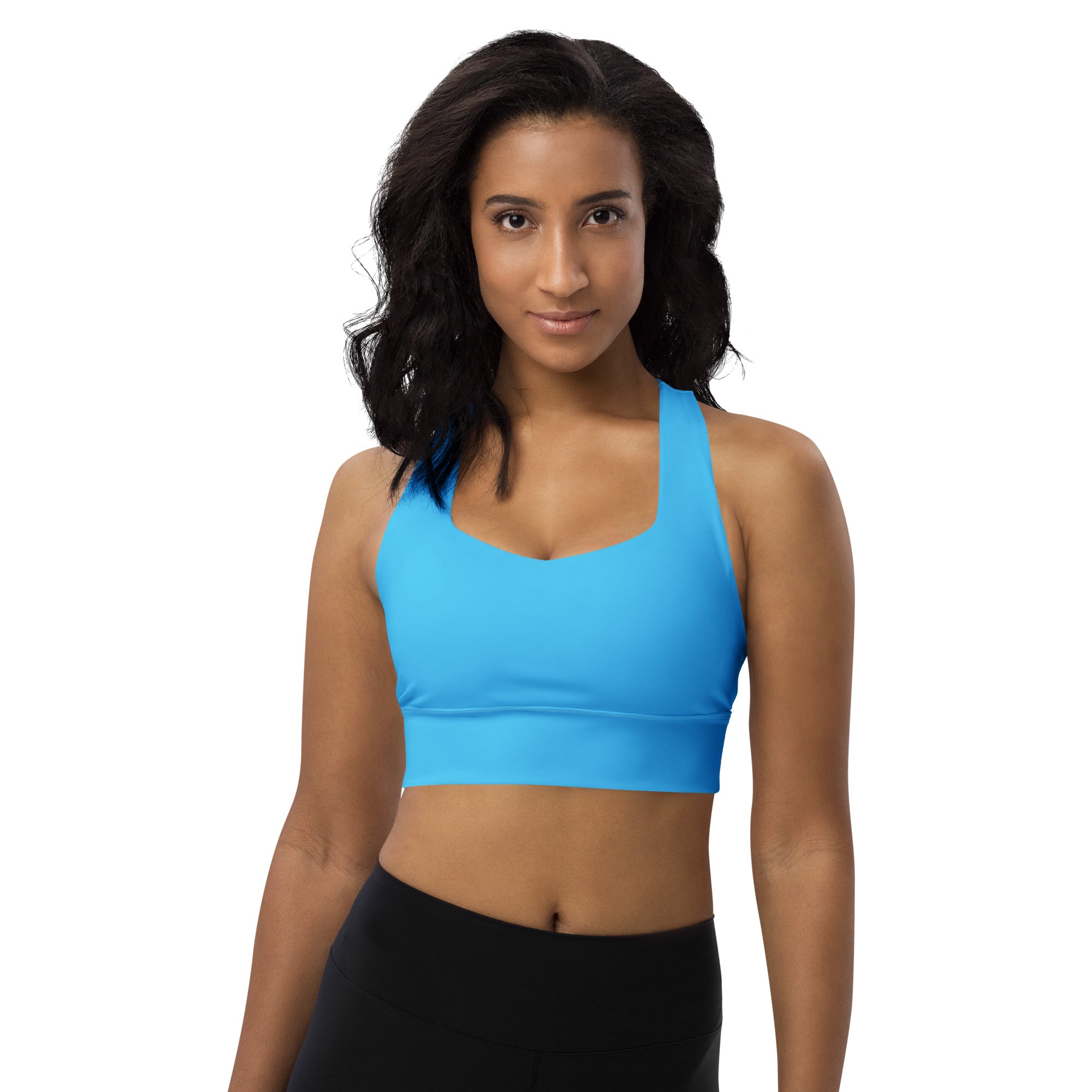 Bright blue seamless longline sports bra with scoop neckline supportive band buttery soft recycled fabric