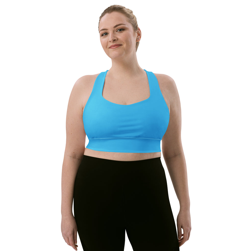 Bright blue seamless sports bra with wide straps and supportive band for high intensity workouts
