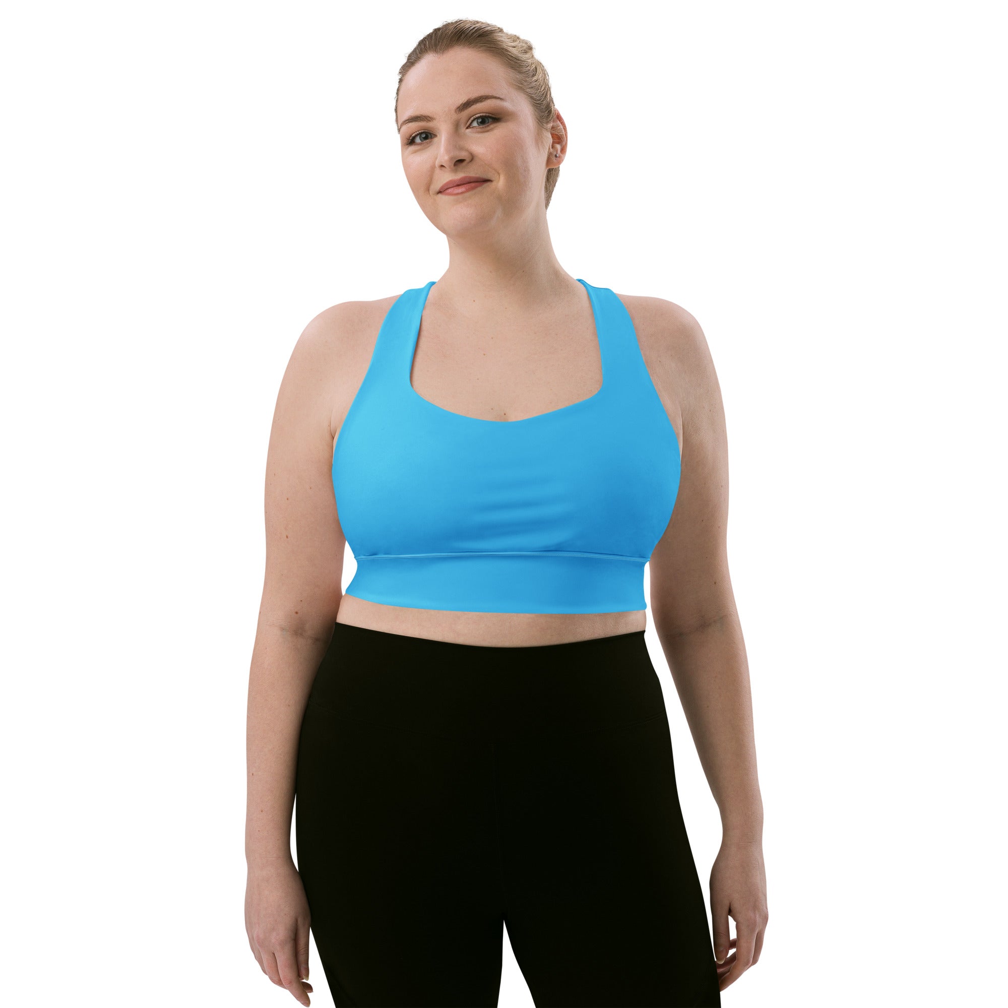 Bright blue seamless sports bra with wide straps and supportive band for high intensity workouts