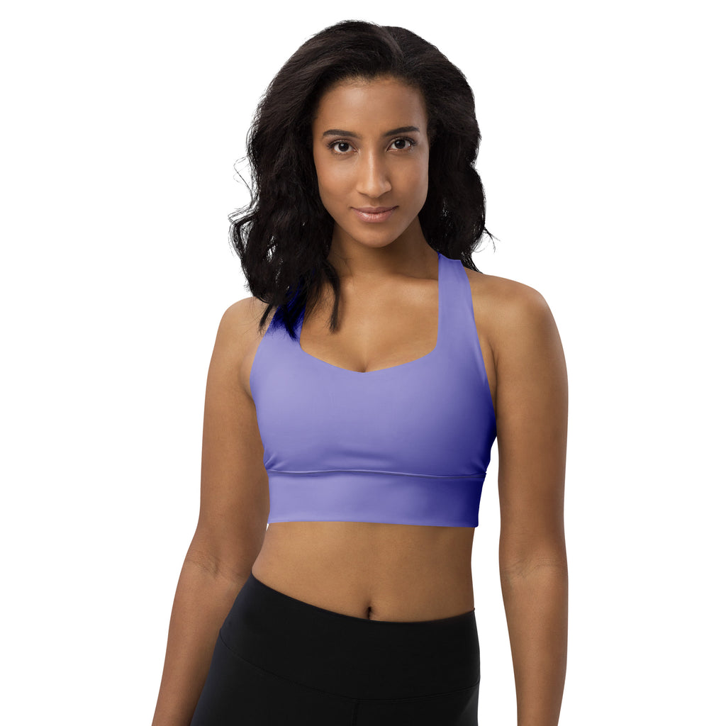 A lavender purple seamless longline sports bra with racerback design offering high intensity support and quick dry fabric