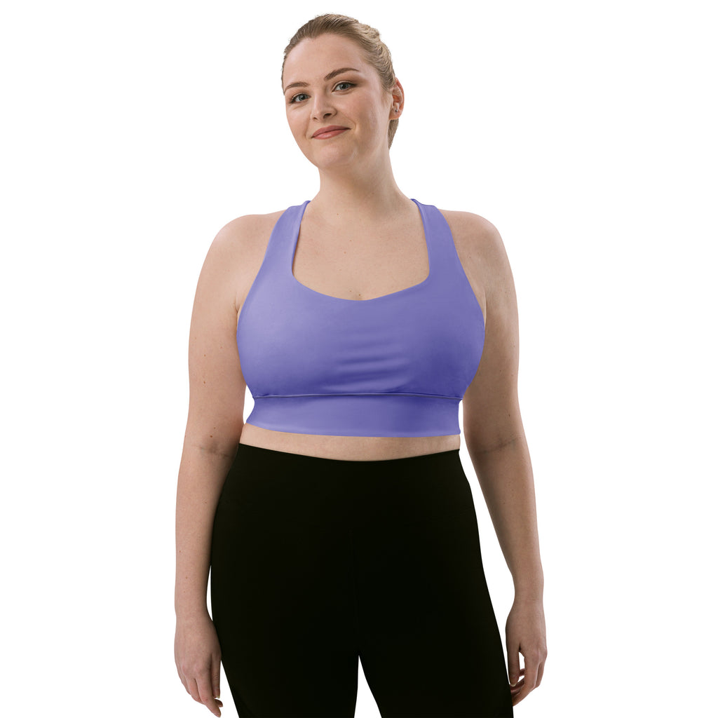 Women’s buttery soft sky purple recycled longline sports bra with high intensity support and wide shoulder straps