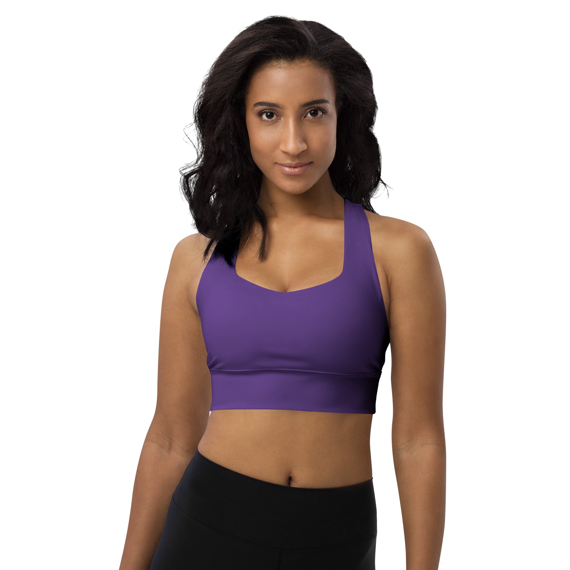 Women’s buttery soft sky dark purple recycled longline sports bra with scoop neckline racerback for high intensity support