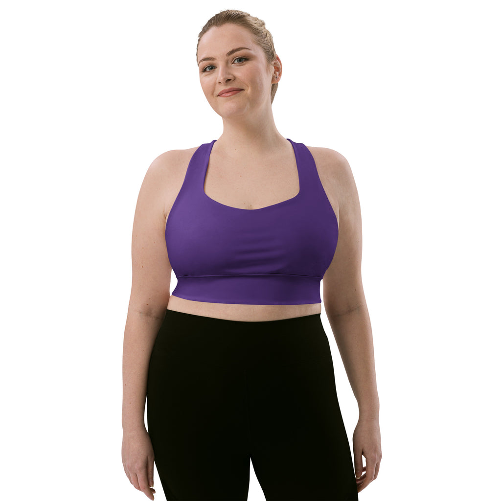 Women’s buttery soft sky dark purple recycled longline sports bra with scoop neckline and racerback design for high intensity support