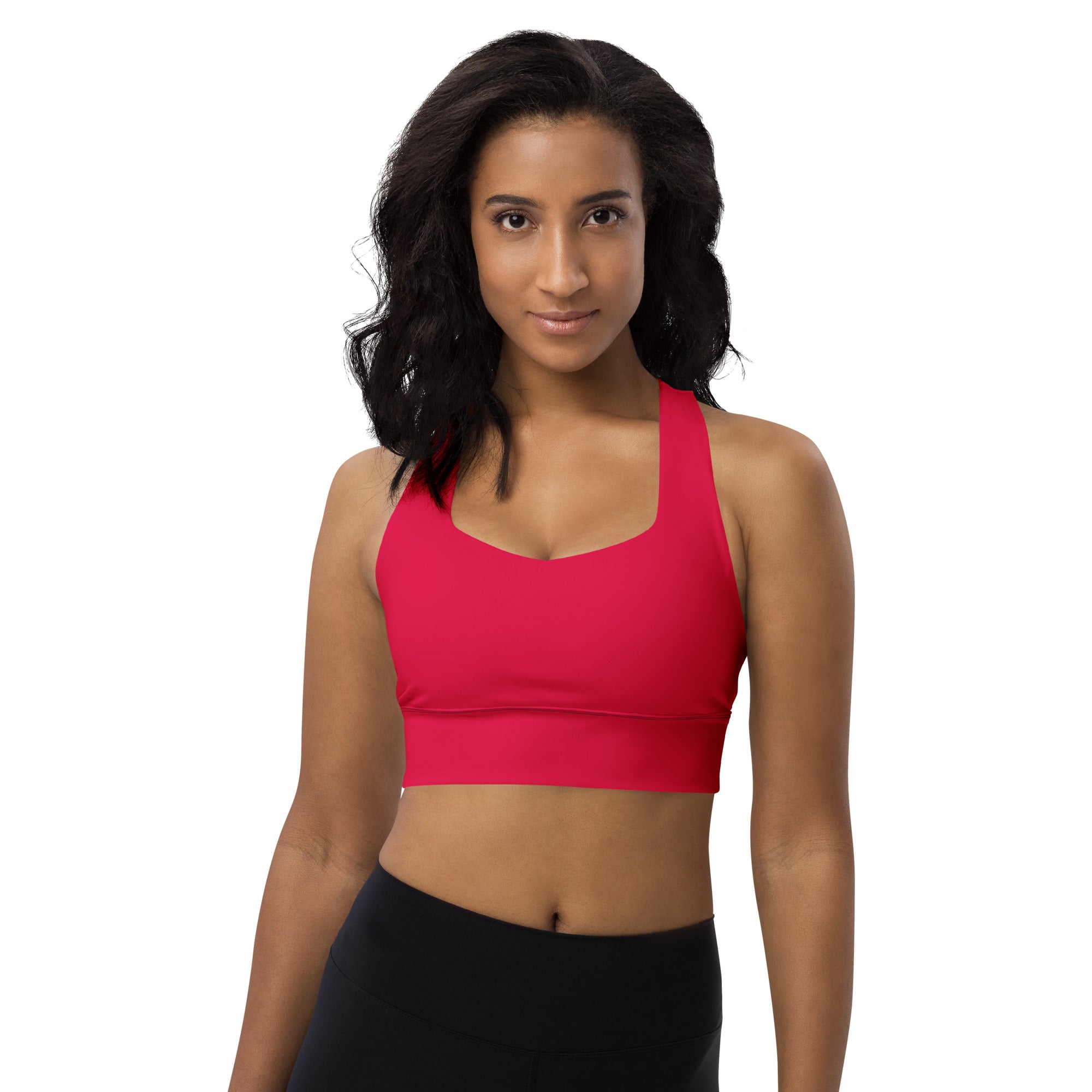 Bright red seamless recycled longline sports bra with supportive band racerback quick dry and UPF 50 high support